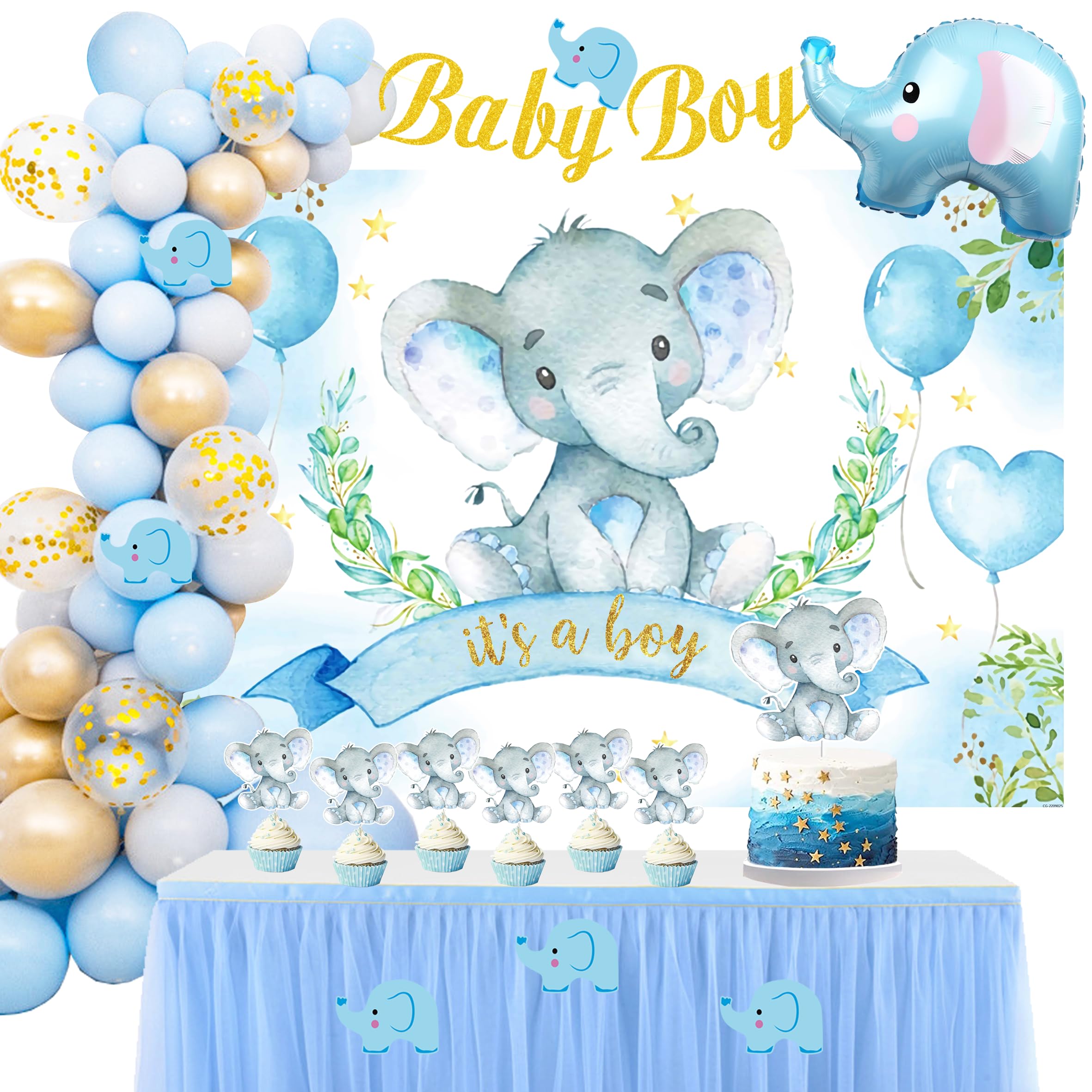 Blue Elephant Baby Shower Decorations for Boys - Complete Party Set with Backdrop Banner, Balloon Arch Kit, Cake & Cupcake Toppers - Perfect for It's a Boy Themed Showers, Gender Reveals & Nursery Decor