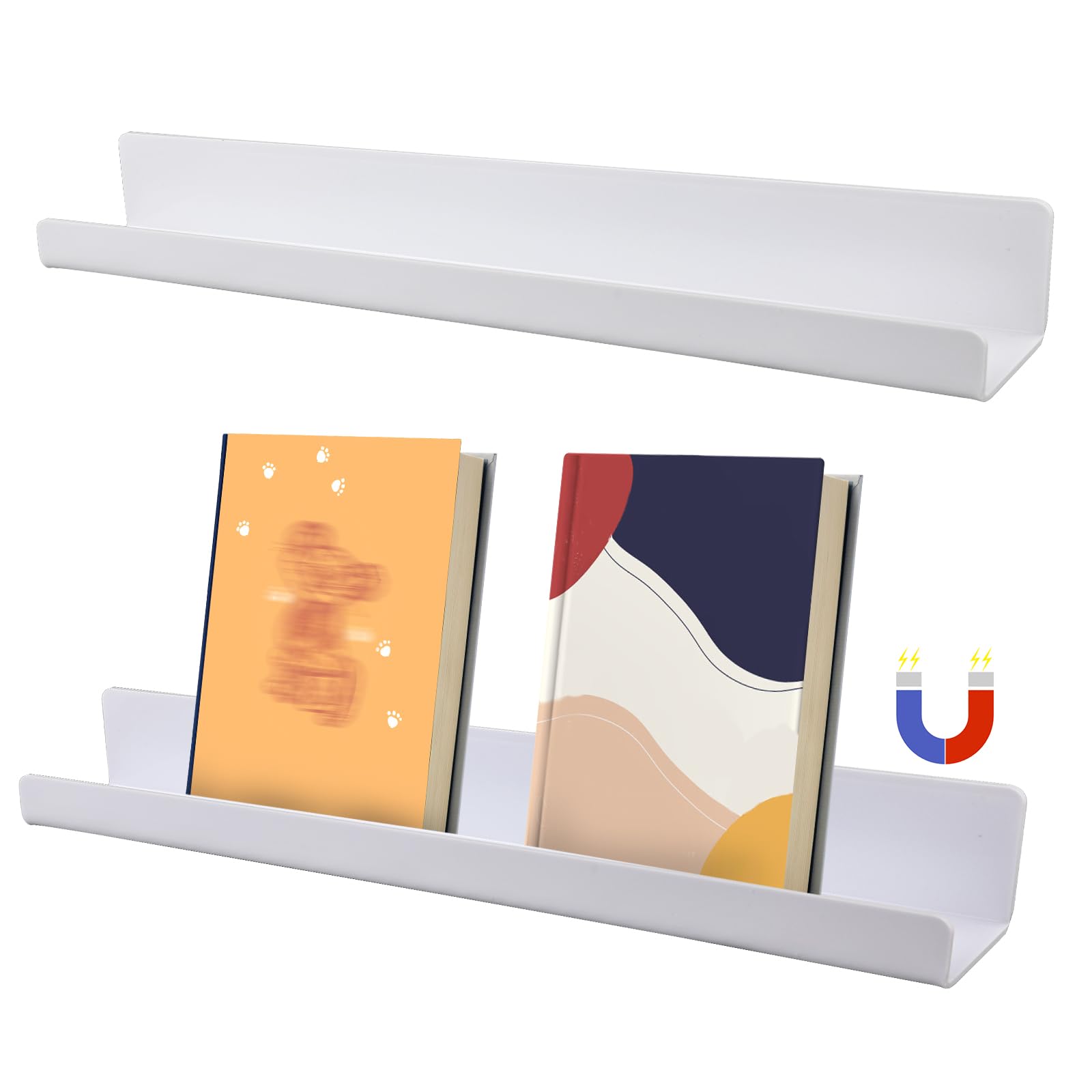 2-Pack Magnetic Whiteboard Bookshelf - Floating Book Holder & Organizer for Classroom, Office, Home - Strong Magnetic Book Rack with Dry Erase Surface (White) - Perfect for Whiteboard Organization & Space Saving Storage