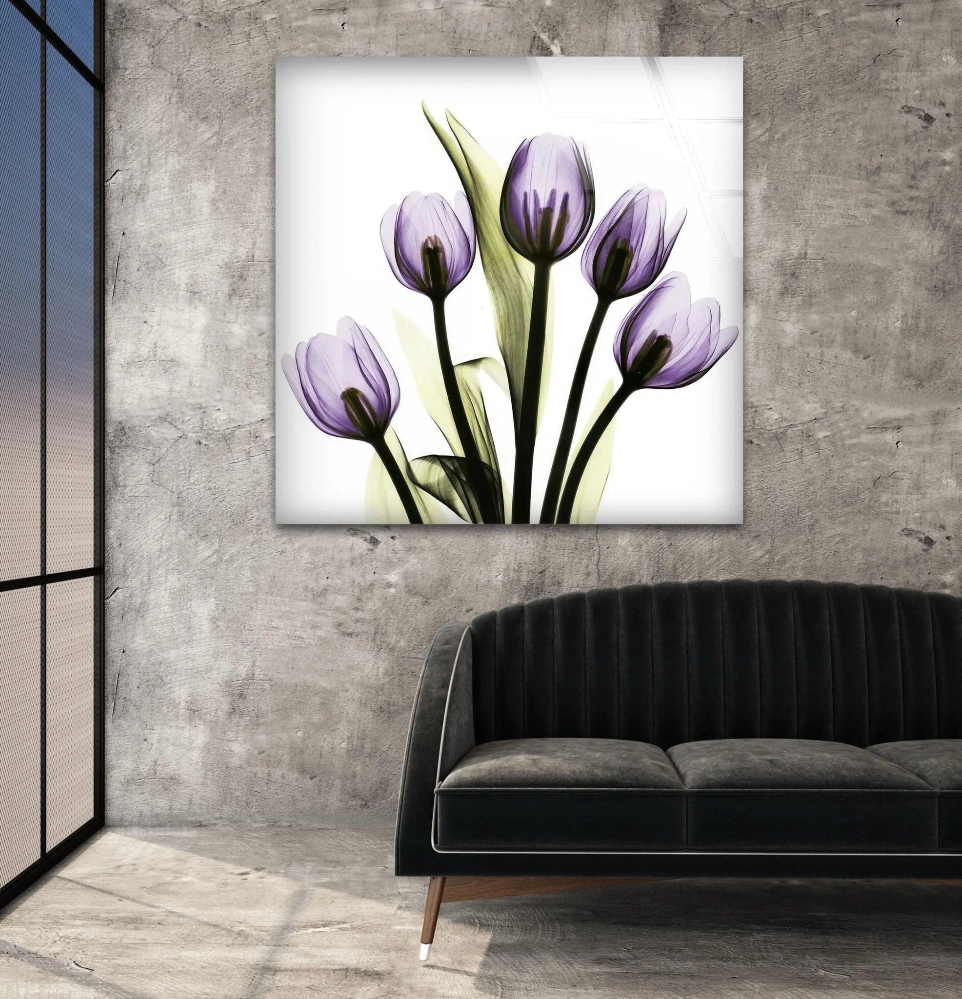 Albert Koetsier Xray Five Tulips In Purple Glass Wall Art - Modern Floral Canvas Print for Living Room, Bedroom & Office Decor