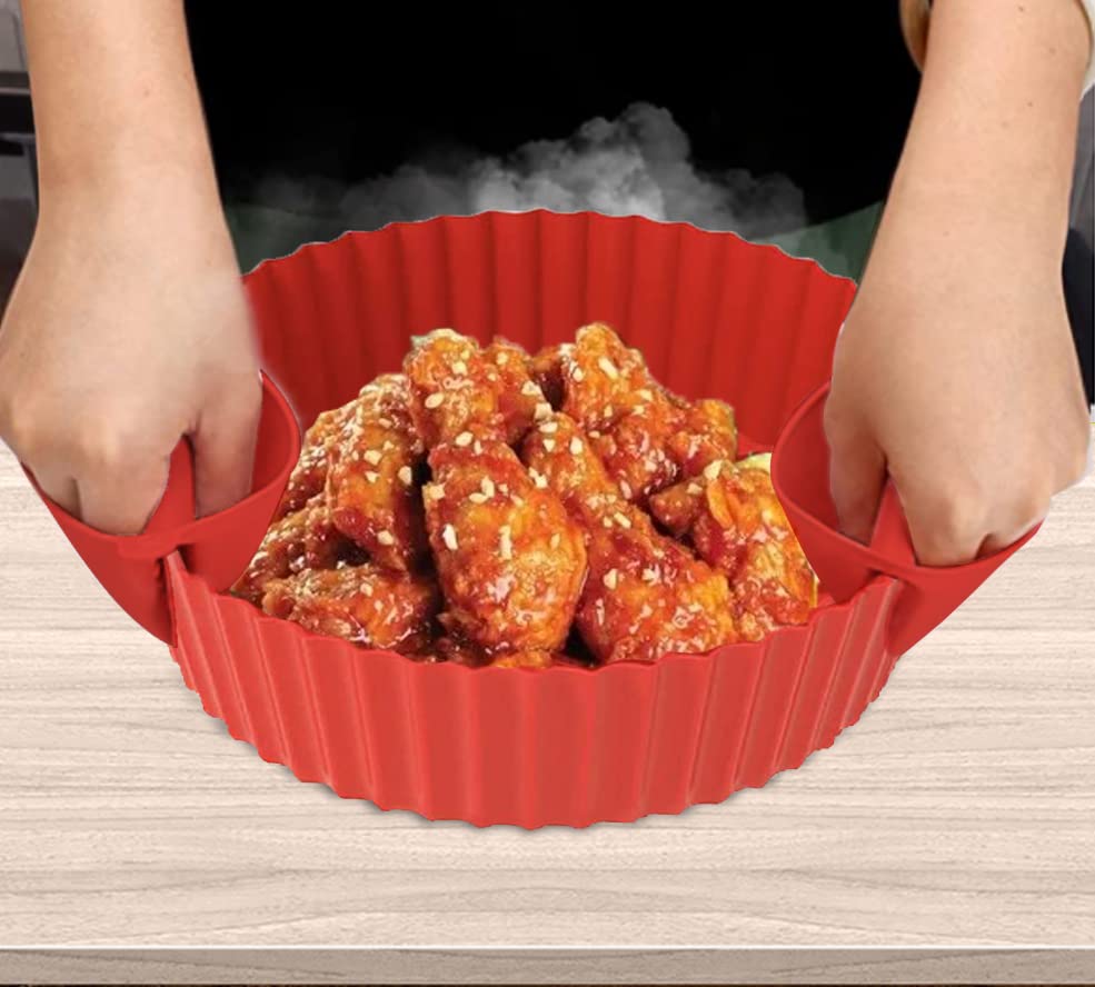 8.5-Inch Air Fryer Basket with 2 Kitchen Gloves - Reusable Silicone Accessories for 5-8 Qt Air Fryers (Red) - Perfect for Healthy Frying, Roasting, and Baking at Home