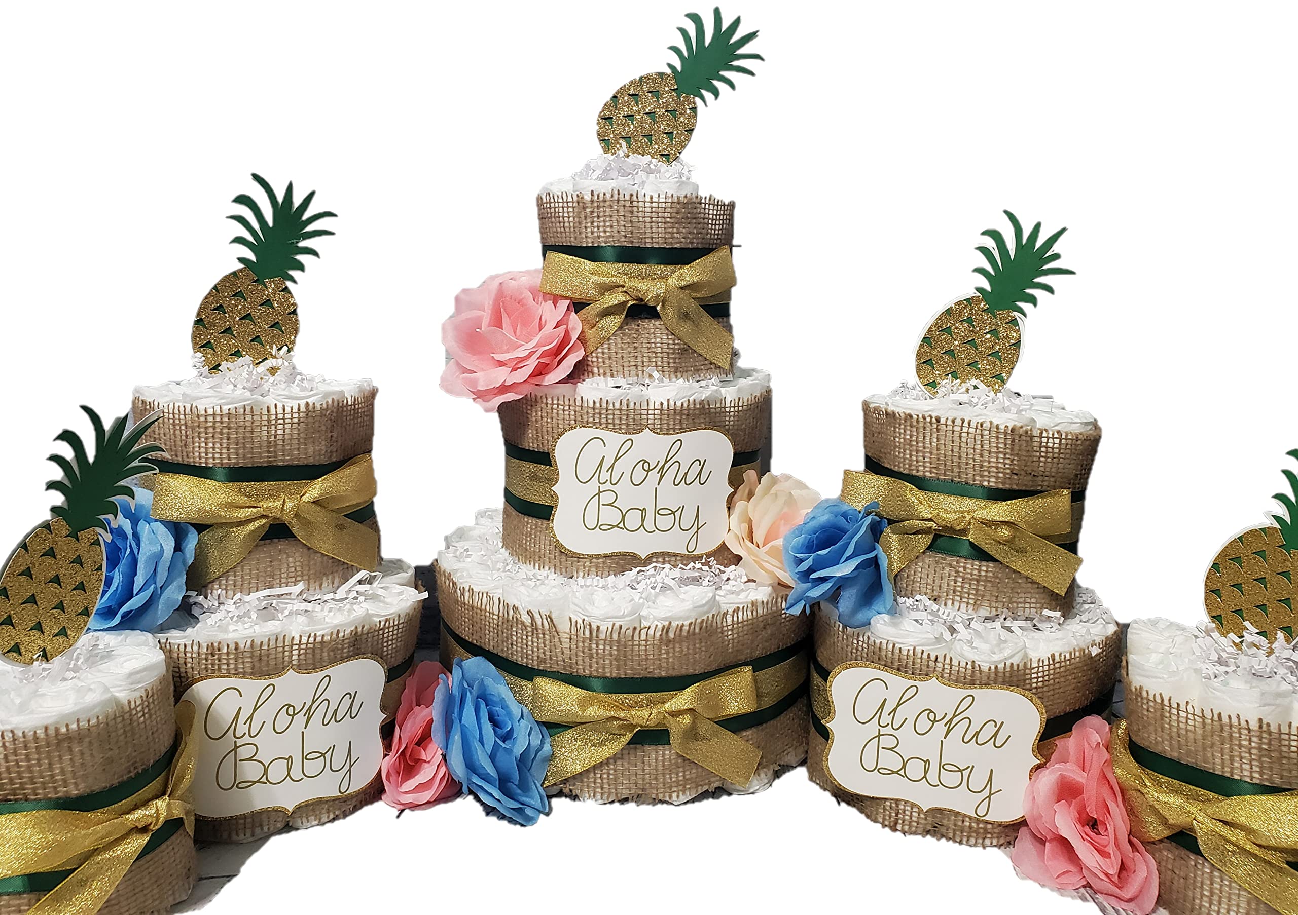 Hawaiian Pineapple Aloha Baby Theme Diaper Cake - 5-Piece 3-Tier Set for Baby Shower Gift in Green, Gold, Pink, Blue & Ivory - Perfect for Tropical-Themed Baby Showers, Gender Reveals & Nursery Decor