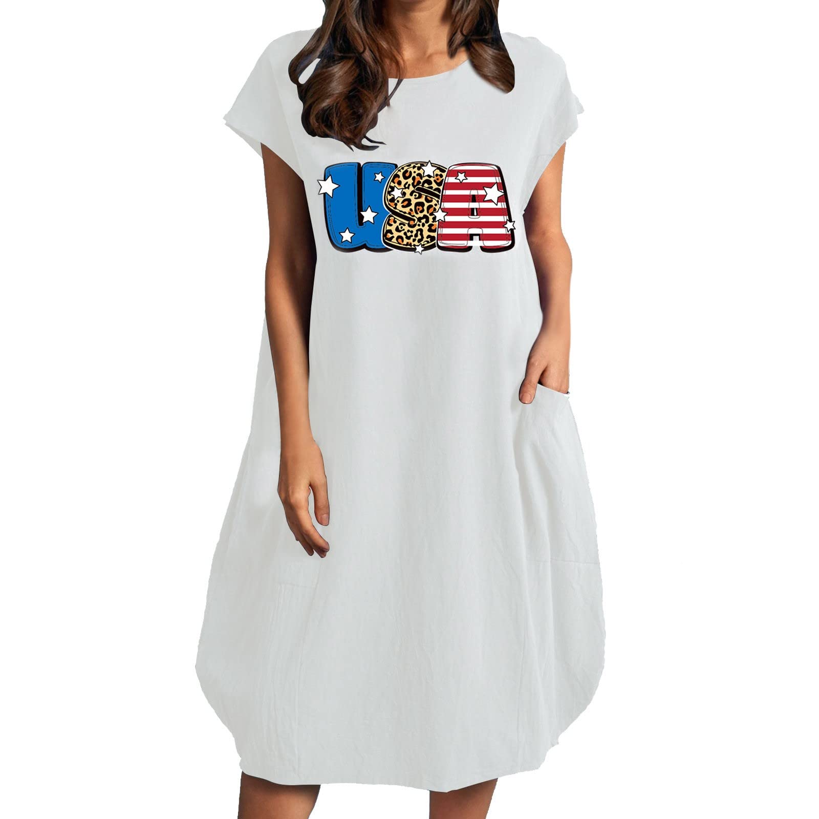 Keepfit Women's A-Line Summer Dress with American Flag Letter Print - Loose Short Sleeve Round Neck Casual Dress | Perfect for Beach Outings, Picnics, and 4th of July Celebrations