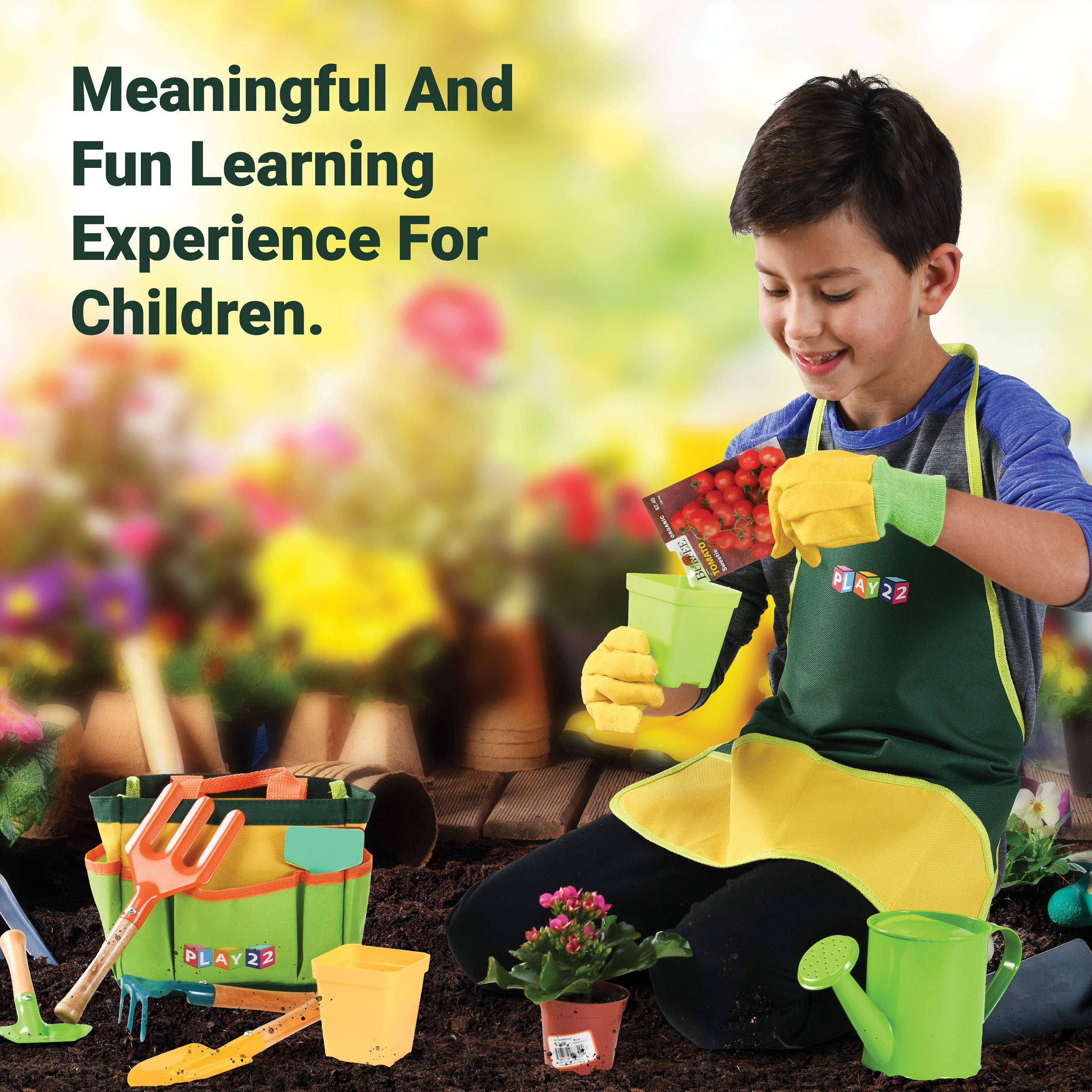 Play22 Kids Gardening Tool Set 12 PCS - Complete Gardening Kit with Shovel, Rake, Fork, Trowel, Apron, Gloves, Watering Can & Tote Bag - Best Outdoor Educational Toys for Toddlers & Children - Perfect for Backyard Planting, School Projects & Nature Exploration Activities
