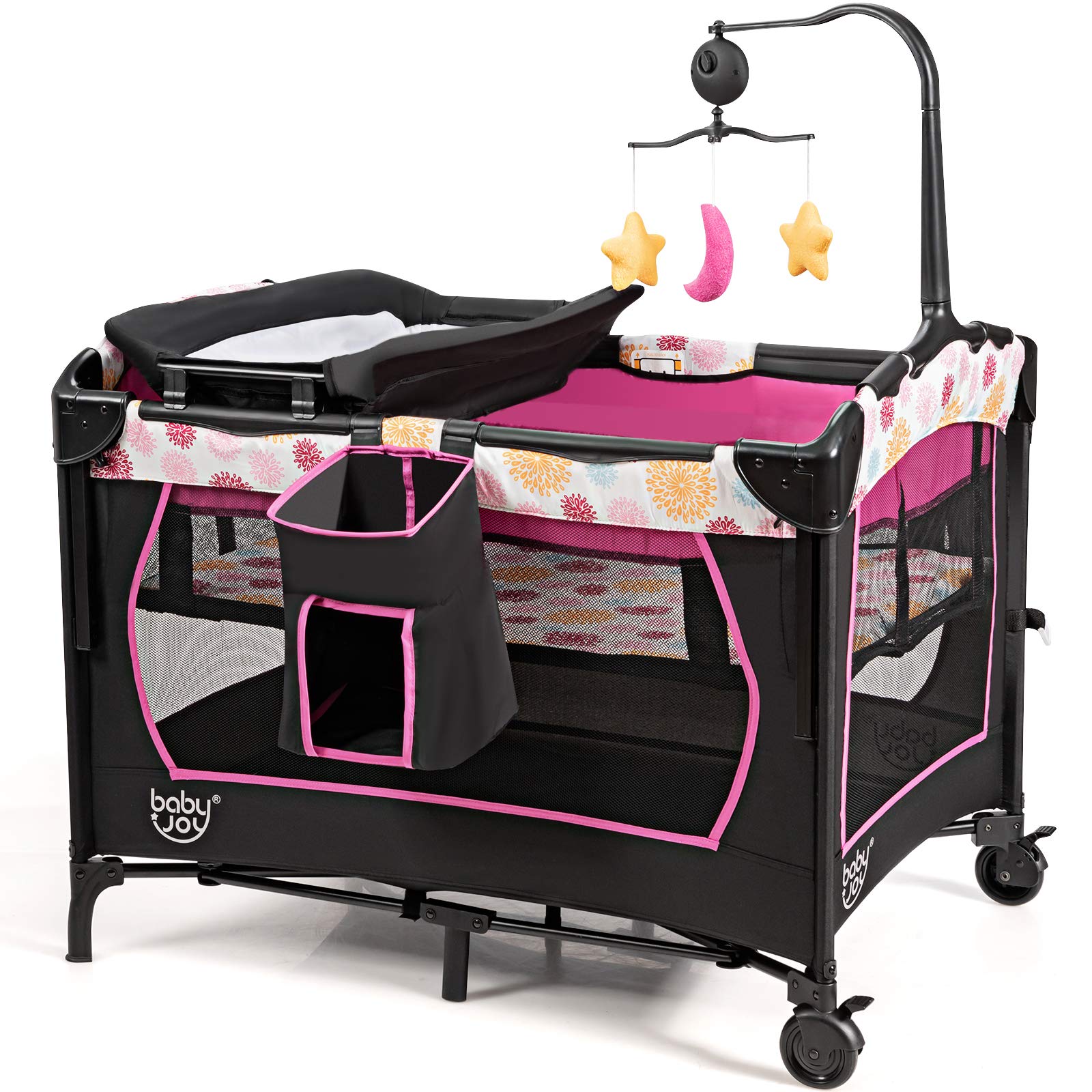 BABY JOY 4-in-1 Portable Playard with Bassinet & Changing Table - Adjustable Height Baby Bedside Sleeper with Music Box - Easy Fold & Carry for Newborn to Toddler - Perfect for Nursery, Travel & Co-Sleeping (Rose)