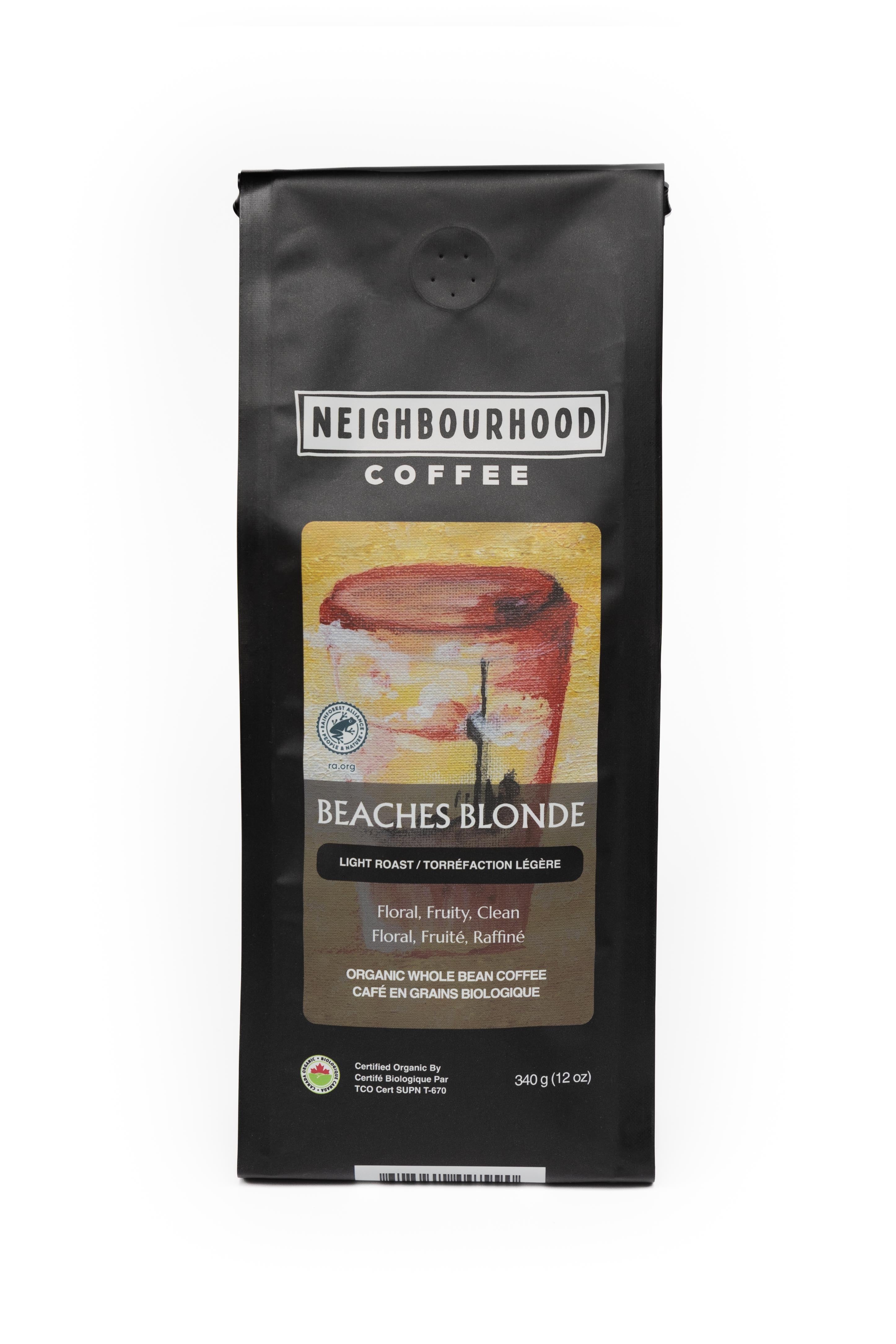 Neighbourhood Coffee Beaches Blond Light Roast | 100% Organic Premium Arabica Whole Bean Coffee, 340g (12oz) - Perfect for Home Brewing, Office Use & Beach Vacations