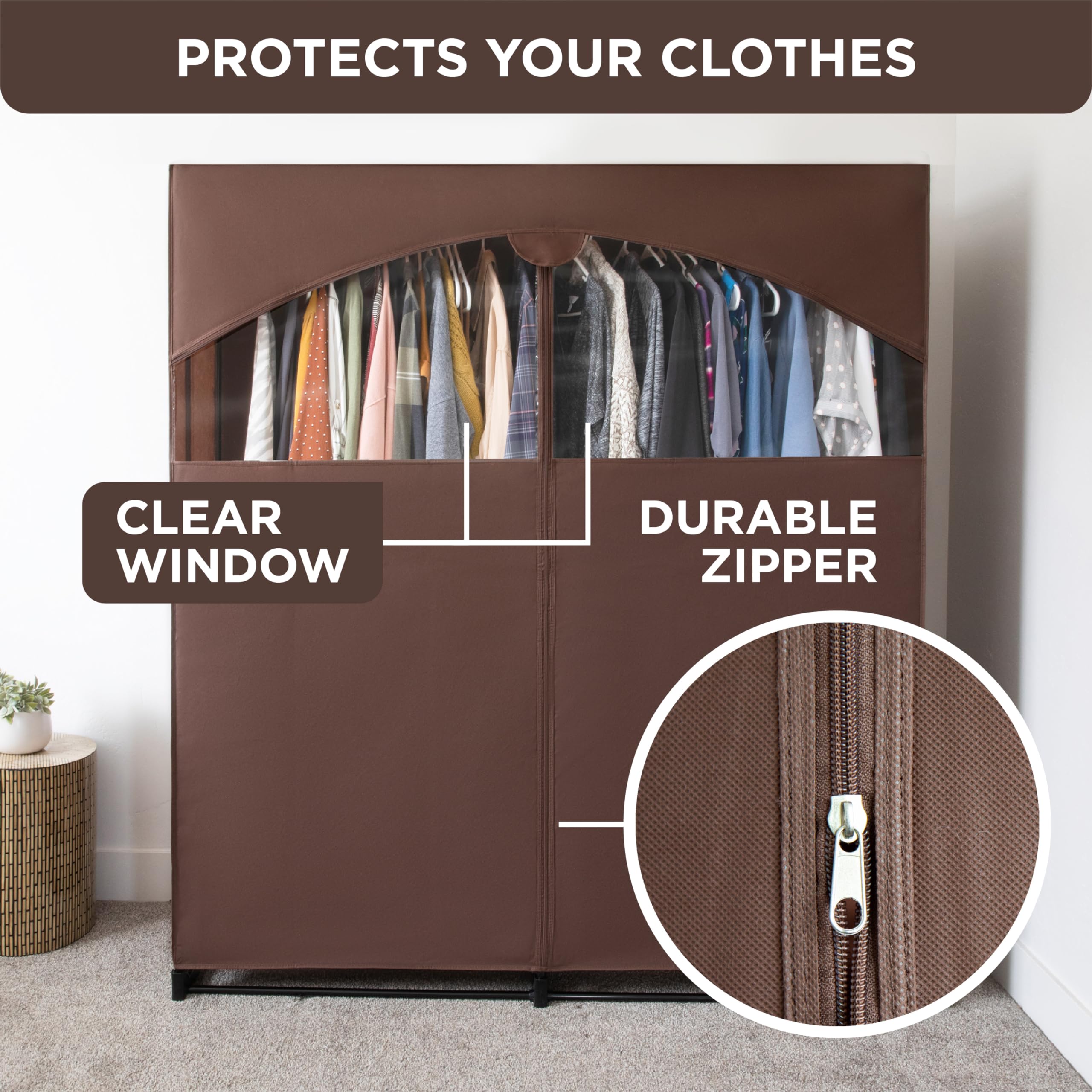 Premium Heavy Duty Portable Wardrobe Closet with Metal Hanging Rod & Brown Cover - 50 LB Weight Capacity - Easy No-Tool Assembly for Travel, Camping & Temporary Storage
