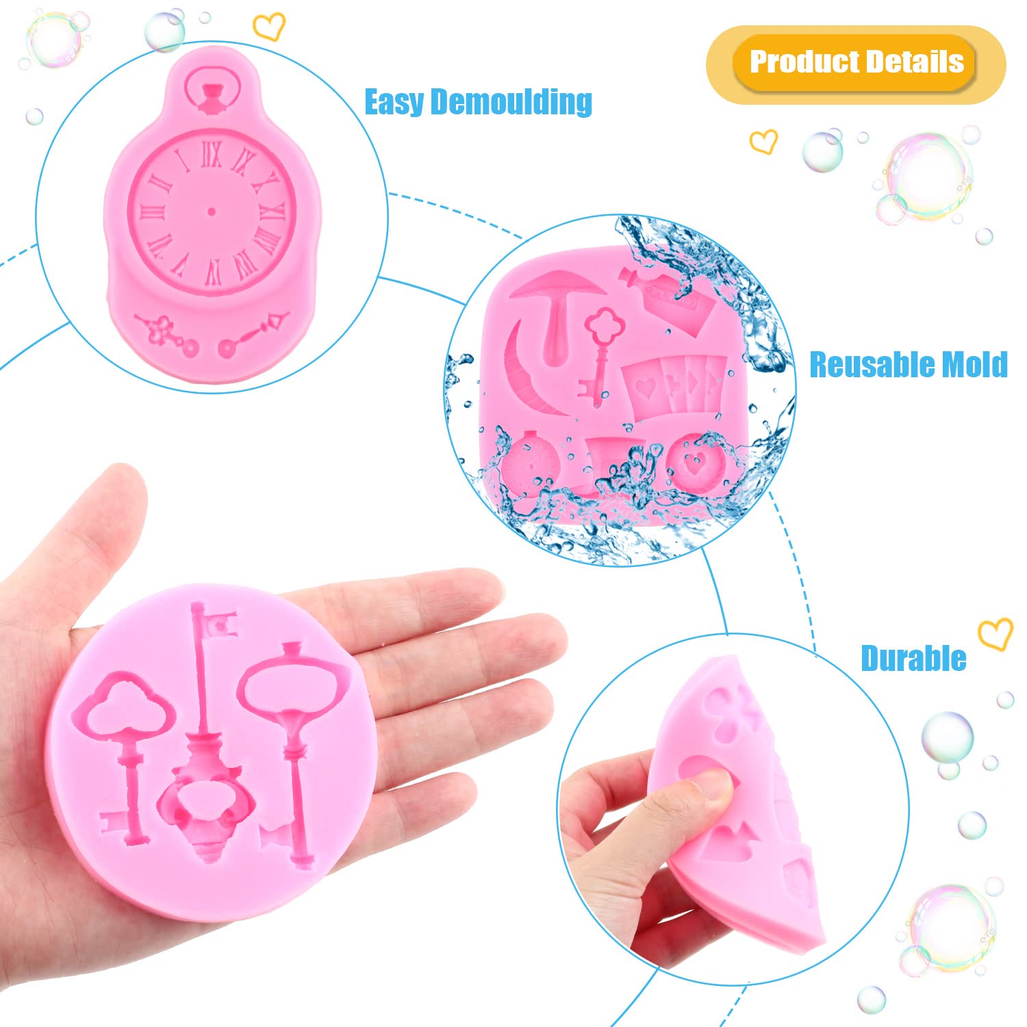 Alice in Wonderland Poker Theme Fondant Molds Set - 4PC Silicone Cake Decorating Kit (Hat, Key, Clock, Cards) for Cupcake Toppers, Chocolate, Gum Paste & Polymer Clay - Perfect for Tea Party, Birthday & Cosplay Events