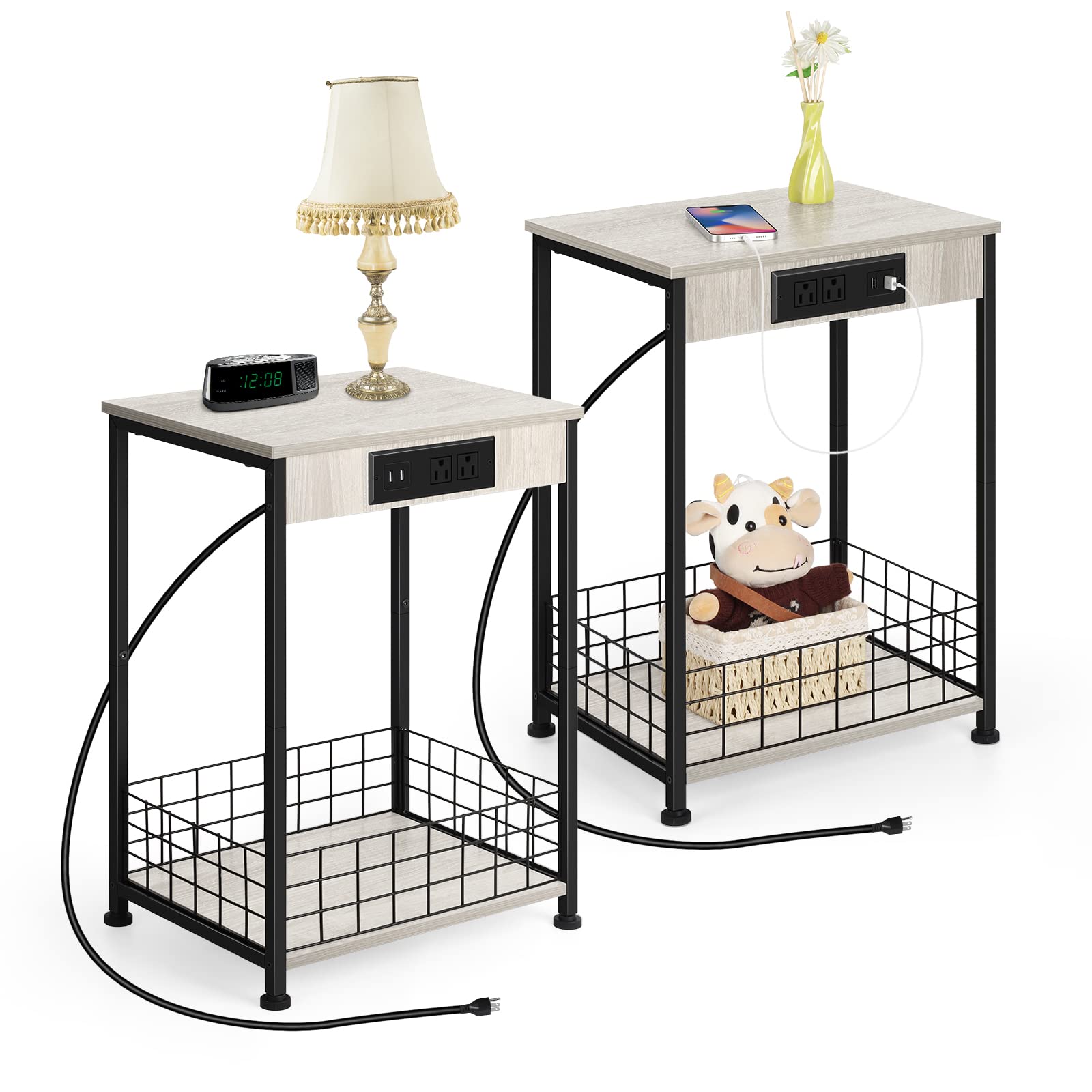 Smusei Modern Nightstand Set of 2 with USB Charging Station - Narrow End Tables with Storage for Bedroom, Living Room & Small Spaces - Grey Side Tables Perfect for Phones, Lamps & Bedside Organization