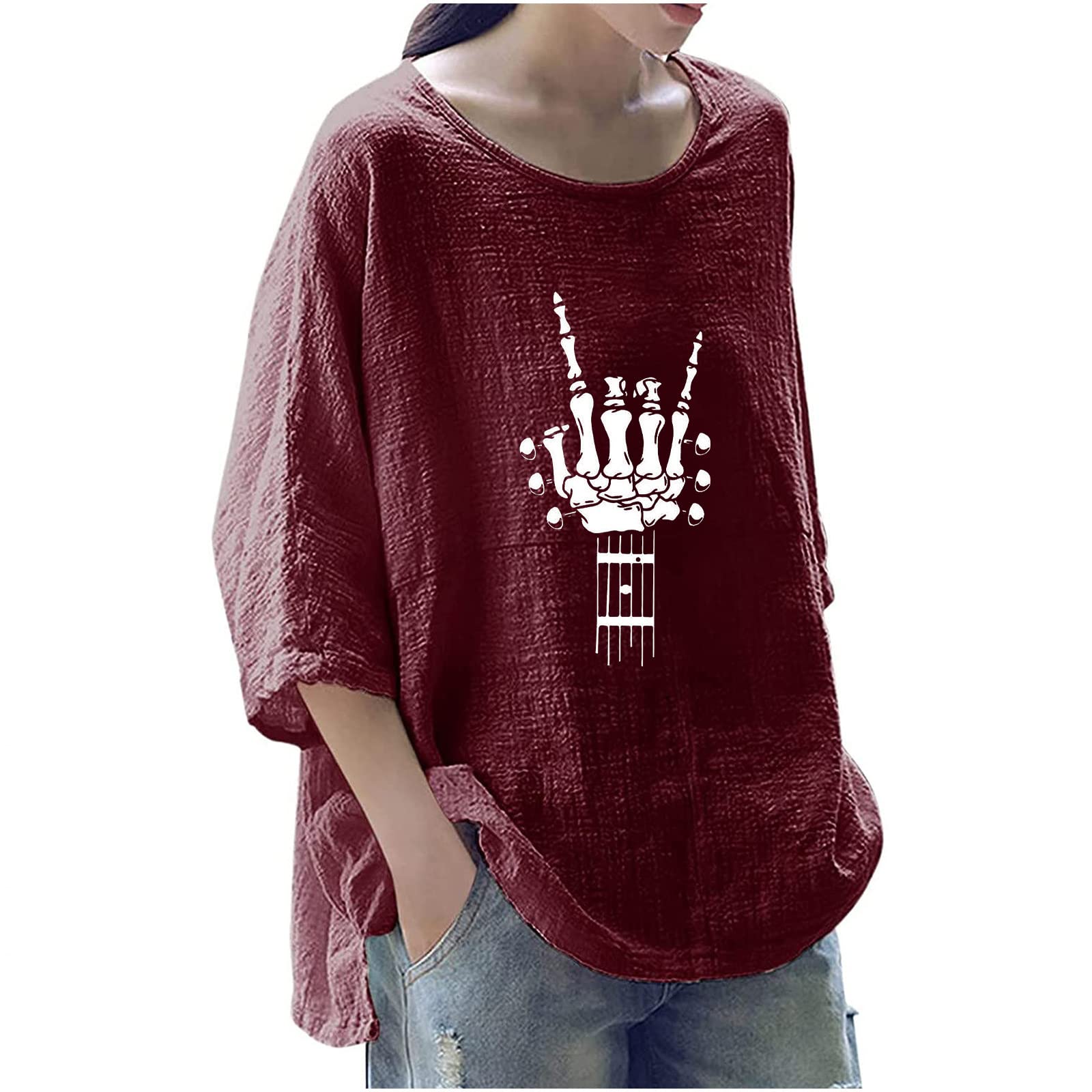 Women's Cotton Linen Tops - Soft Lightweight Gauze Shirts with 3/4 Sleeves, Loose Crewneck Tunic Blouse for Fall Casual Wear | Perfect for Office, Weekend Outings & Travel