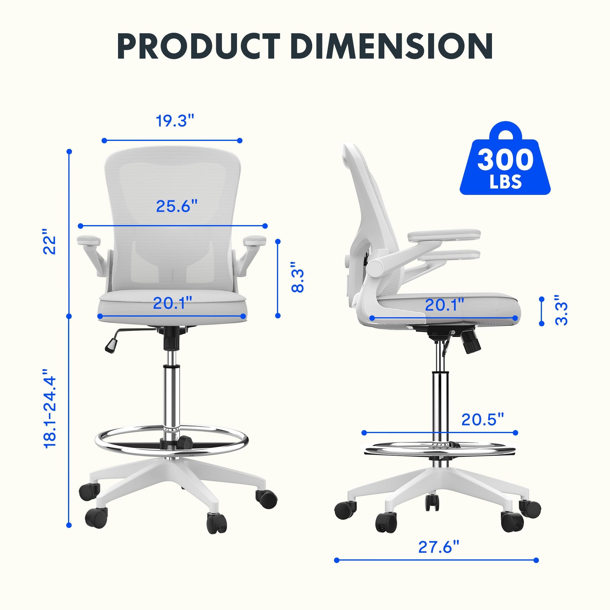 FlexiSpot TC1 Big and Tall Ergonomic Mesh Office Chair with 2D Adjustable Lumbar Support & 3D Flip-Up Armrests - White Drafting Chair for Standing Desks, Drawing, Playing Guitar - Perfect for Home Office, Studio & Gaming Setup