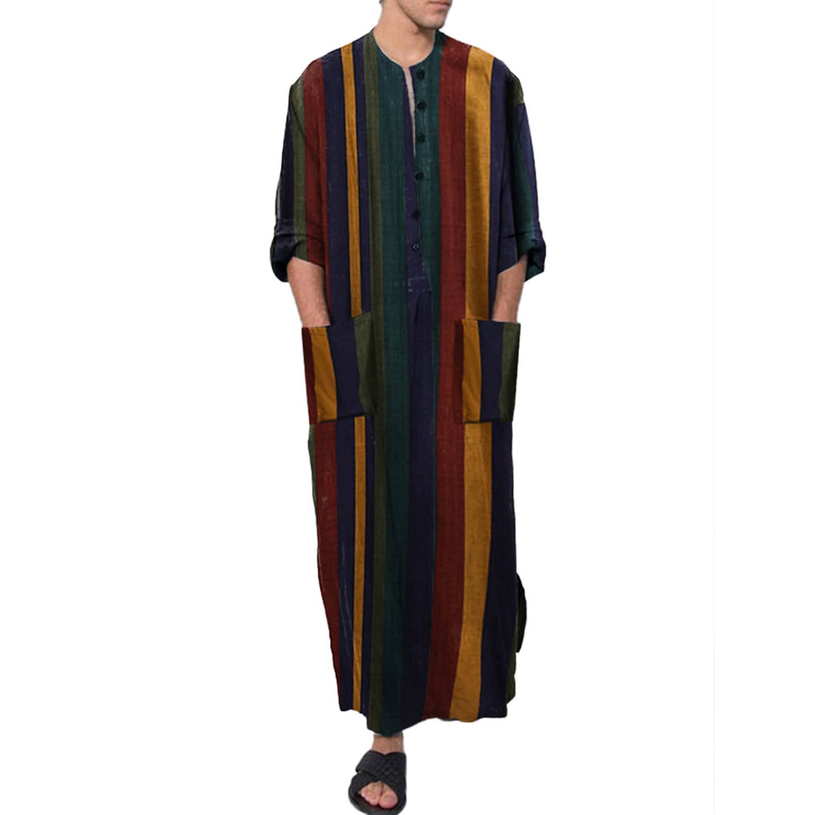 Men's White Button Down Shirt - Muslim Robe Ethnic Striped Long Sleeve Blouse for Prayer & Special Occasions | Casual & Formal Wear