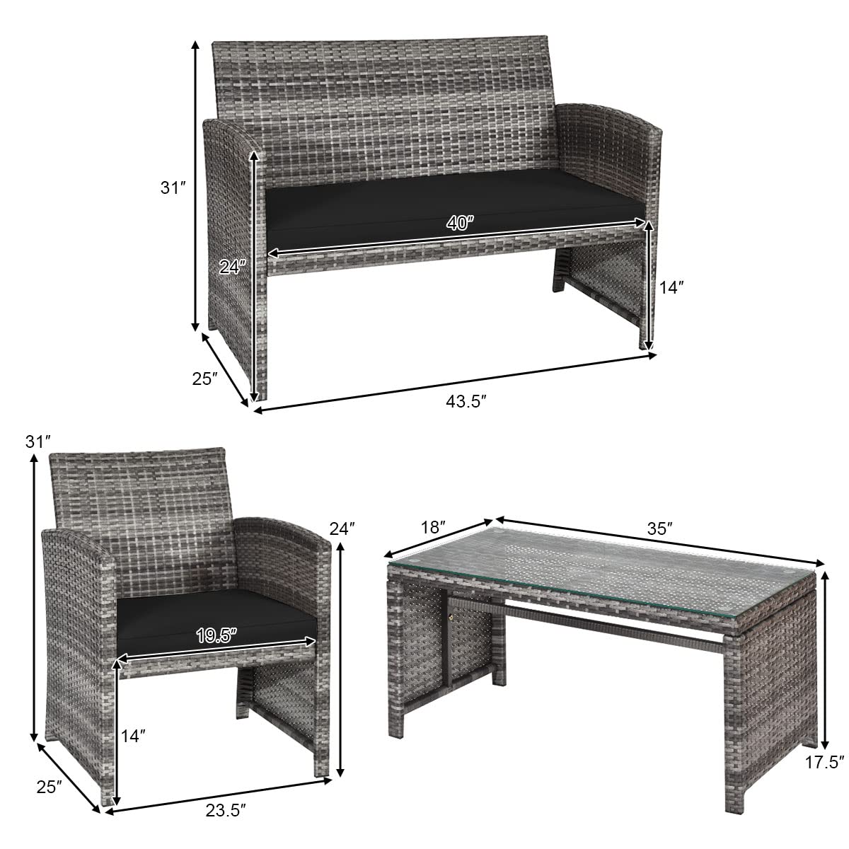 Tangkula 4-Piece Wicker Patio Conversation Set - Outdoor Rattan Sofa Set with Coffee Table, Cushioned Seating & Tempered Glass Top - Perfect for Poolside, Balcony, Garden or Backyard Relaxation