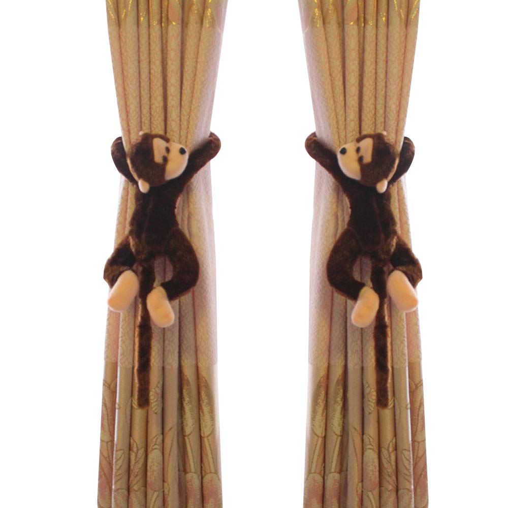 **Actaday 1Pair Cartoon Monkey Curtain Tiebacks - Soft Plush Animal Curtain Holders with Hooks, Brown - Perfect for Kids' Nursery, Girls' Bedroom & Window Decor**    *(Use for drapes, sheers, or curtains to add playful charm to children's rooms, nurseries, or cozy home decor!)*