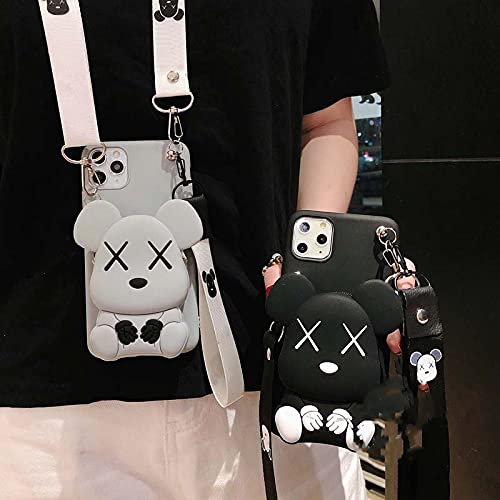 Cute Cartoon Bear Design Samsung Galaxy A30S A50 Case - Kawaii Soft Silicone Shockproof Phone Cover with Card Holder & Crossbody Lanyard for Women Girls Teens - Perfect for School, Work & Daily Use (Black)
