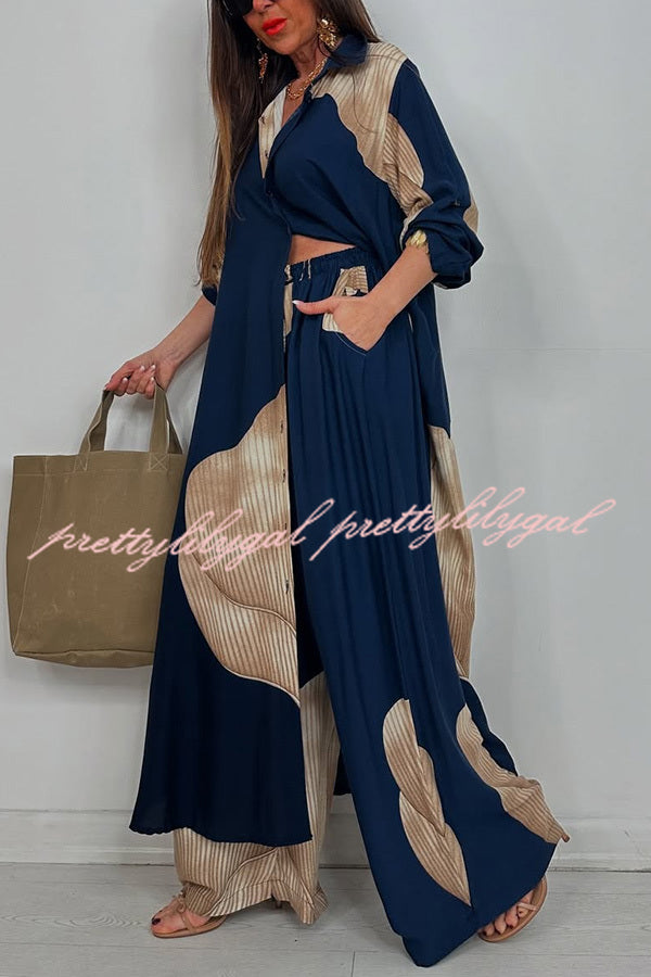 Stylish Printed Casual Loose Long Shirt & Elastic Waist Pocket Wide Leg Pants Set - Women's Comfortable Outfit for Work, Travel and Daily Wear