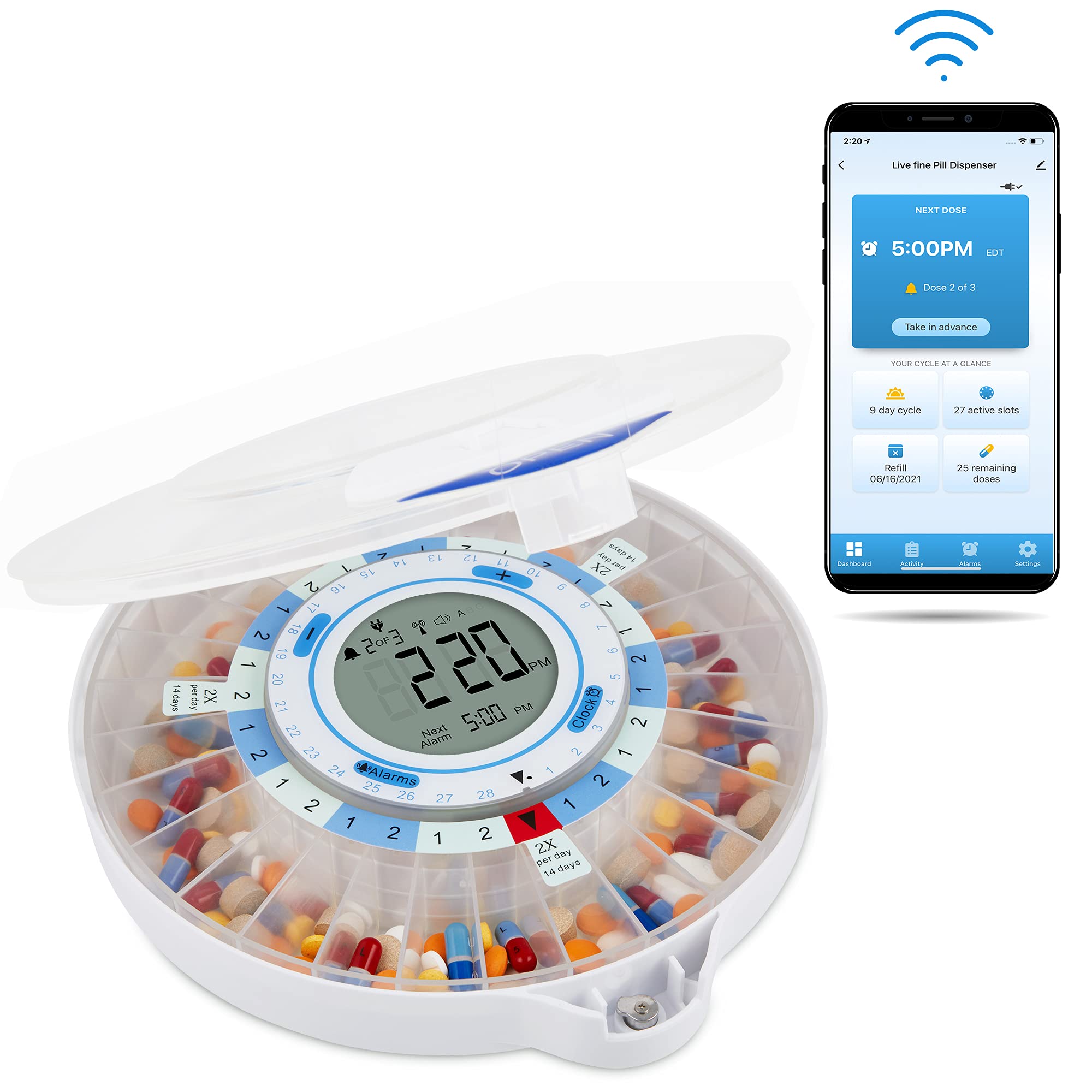 LiveFine Smart WiFi Automatic Pill Dispenser - 28-Day Medication Organizer with 9 Daily Doses, Key Lock & Adjustable Alarms for Prescriptions & Vitamins | Perfect for Elderly Care, Medication Management & Daily Health Tracking