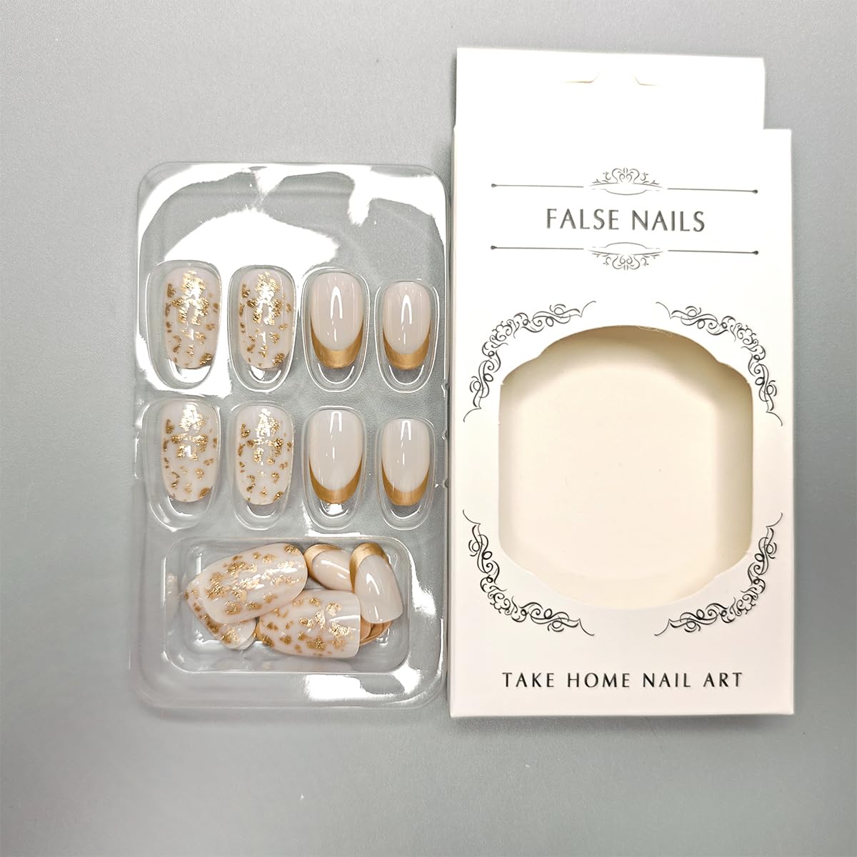 24pcs Gold French Tip Press on Nails - Medium Almond Fake Nails with Glitter | Full Cover Glue on Artificial Nails for Women | Perfect for Parties, Weddings & Daily Nail Art Decorations