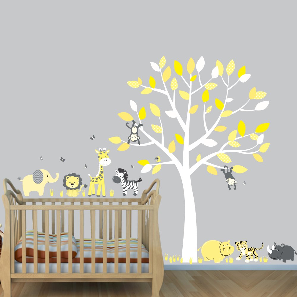 Fun Jungle Animal Hippo Decal - Yellow & Gray Fabric Tree Wall Stickers for Kids Room Decor | Perfect for Nursery, Playroom & Classroom Design