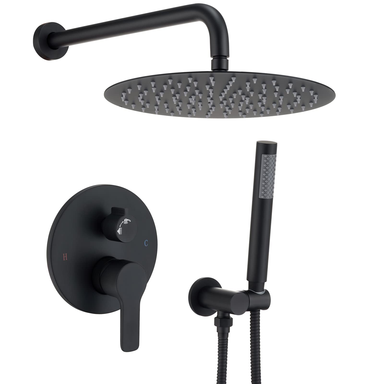 Matte Black Wall Mounted Shower System - 12 Inch Rainfall Shower Head with Handheld Sprayer - Pressure Balanced Valve Shower Faucet Mixer Set for Modern Bathroom (Perfect for Master Bath, Guest Bath & Spa-Like Shower Experience)
