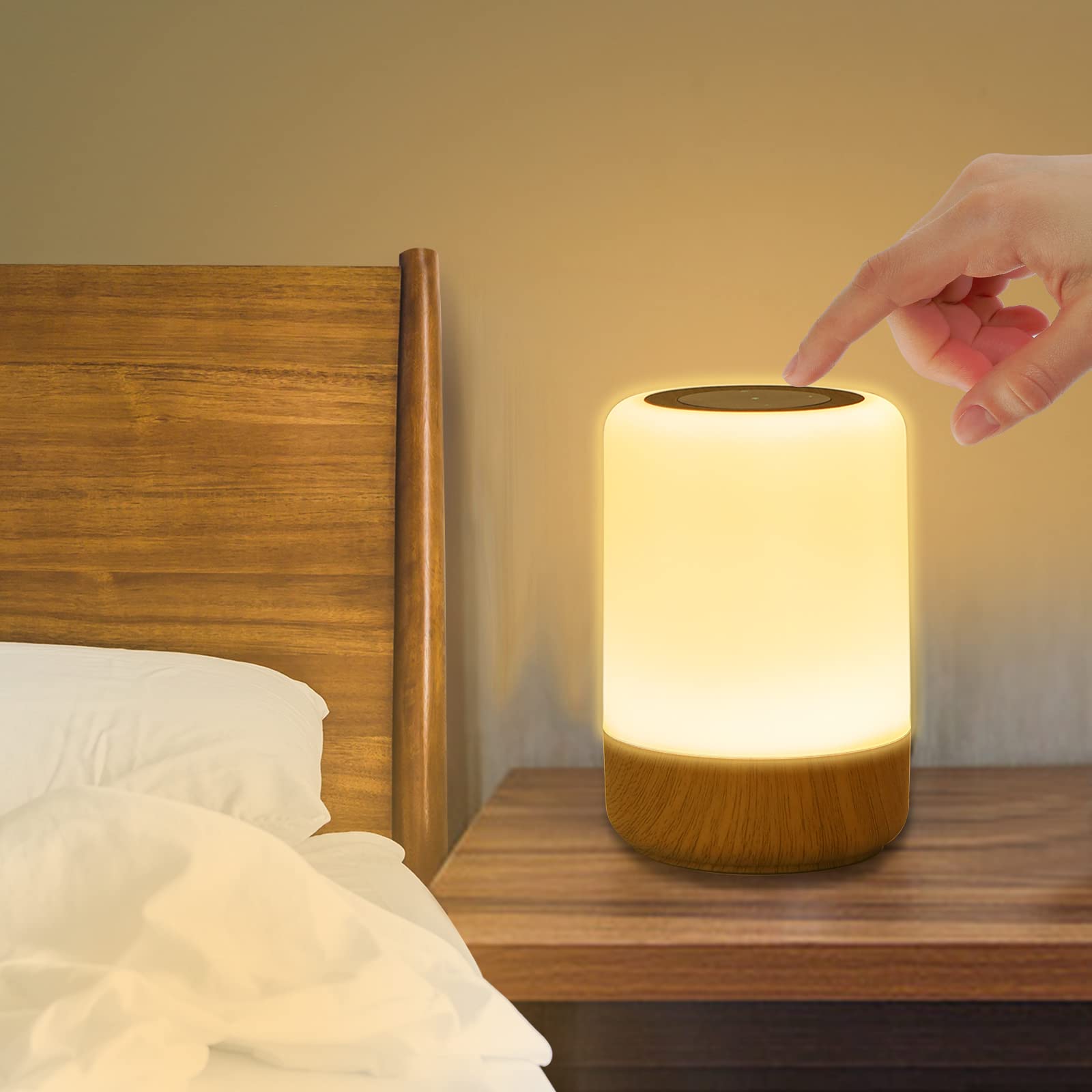 Wireless Dimmable Touch Lamp with 8 RGB Color Changing & 3 Modes - LED Bedside Night Light for Bedroom, Nursery, Office - Perfect for Reading, Relaxing & Night Feedings (Walnut)