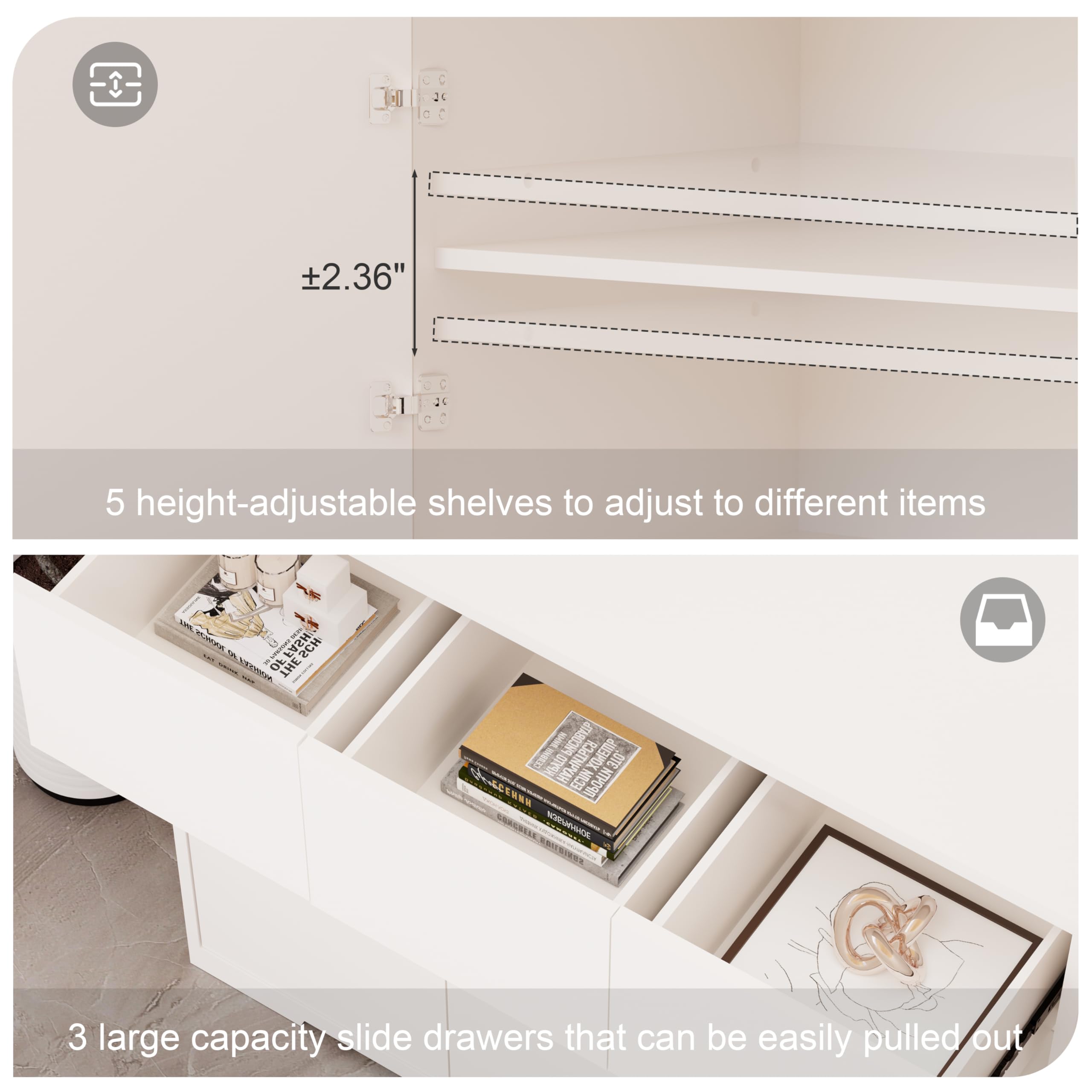 White Kitchen Pantry Cabinet with Power Outlets & LED Lights - Hutch Storage Cabinet with 3 Drawers, Countertop & Microwave Stand - Perfect for Modern Kitchens, Dining Rooms & Small Spaces