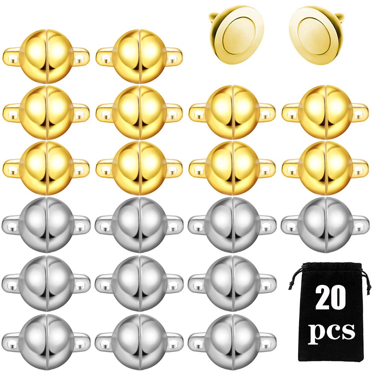 20pcs 10mm Round Magnetic Jewelry Clasps - Silver & Gold Magnetic Bead Clasps for DIY Bracelets & Necklaces | Secure & Easy-to-Use Jewelry Findings for Handmade Jewelry Making | Perfect for Gifts & Craft Projects