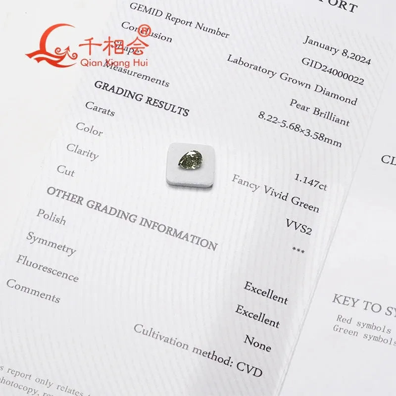 1.147ct VVS2 Lab Grown CVD Diamond - Fancy Vivid Green Pear Shape Loose Stone with GEMID Certification | Engagement Rings, Necklaces & Fine Jewelry Making