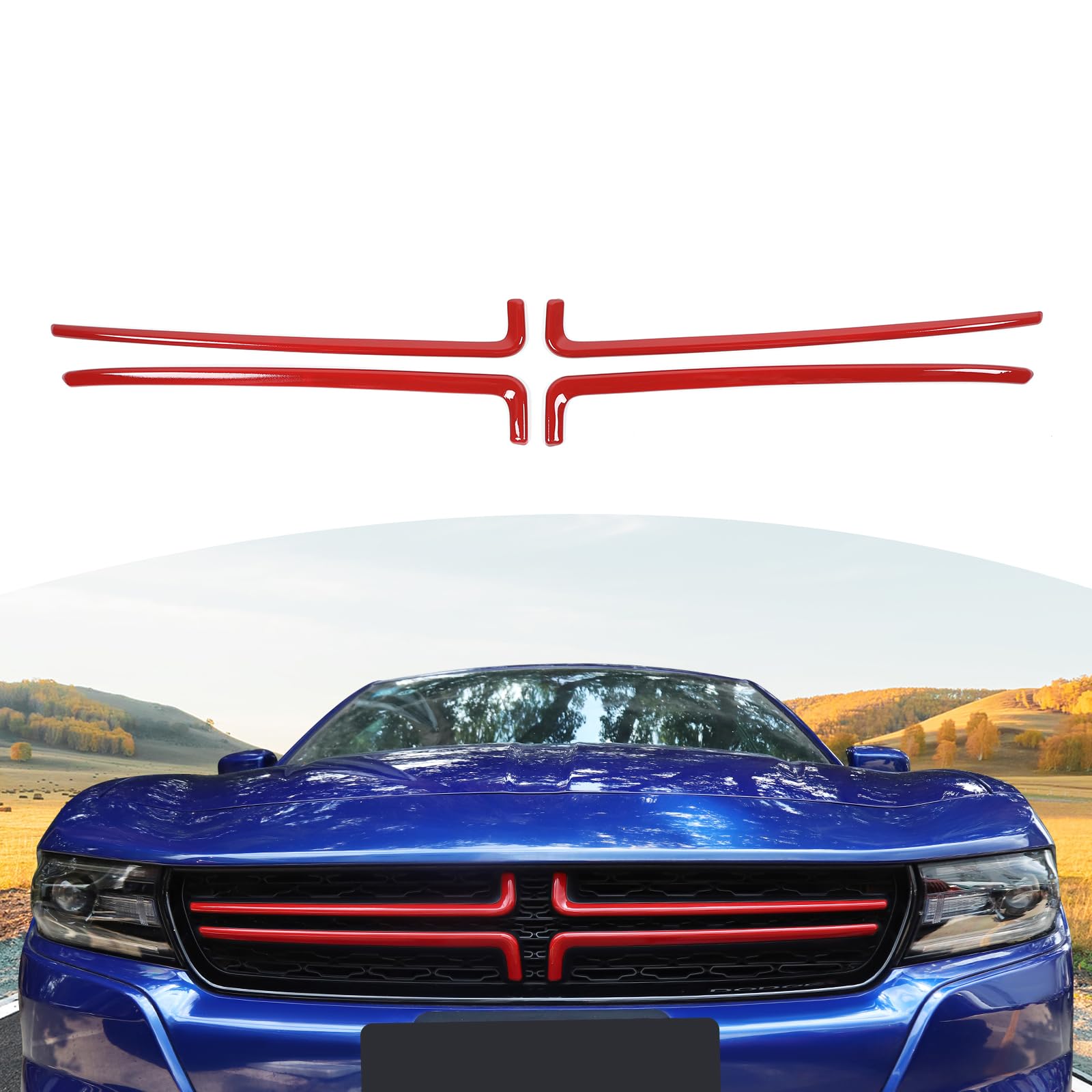 Red RT-TCZ Front Grill Grille Inserts Trim Cover for 2015+ Dodge Charger - Exterior Car Accessories (4-Piece Set) - Upgrade Your Ride's Style & Protection