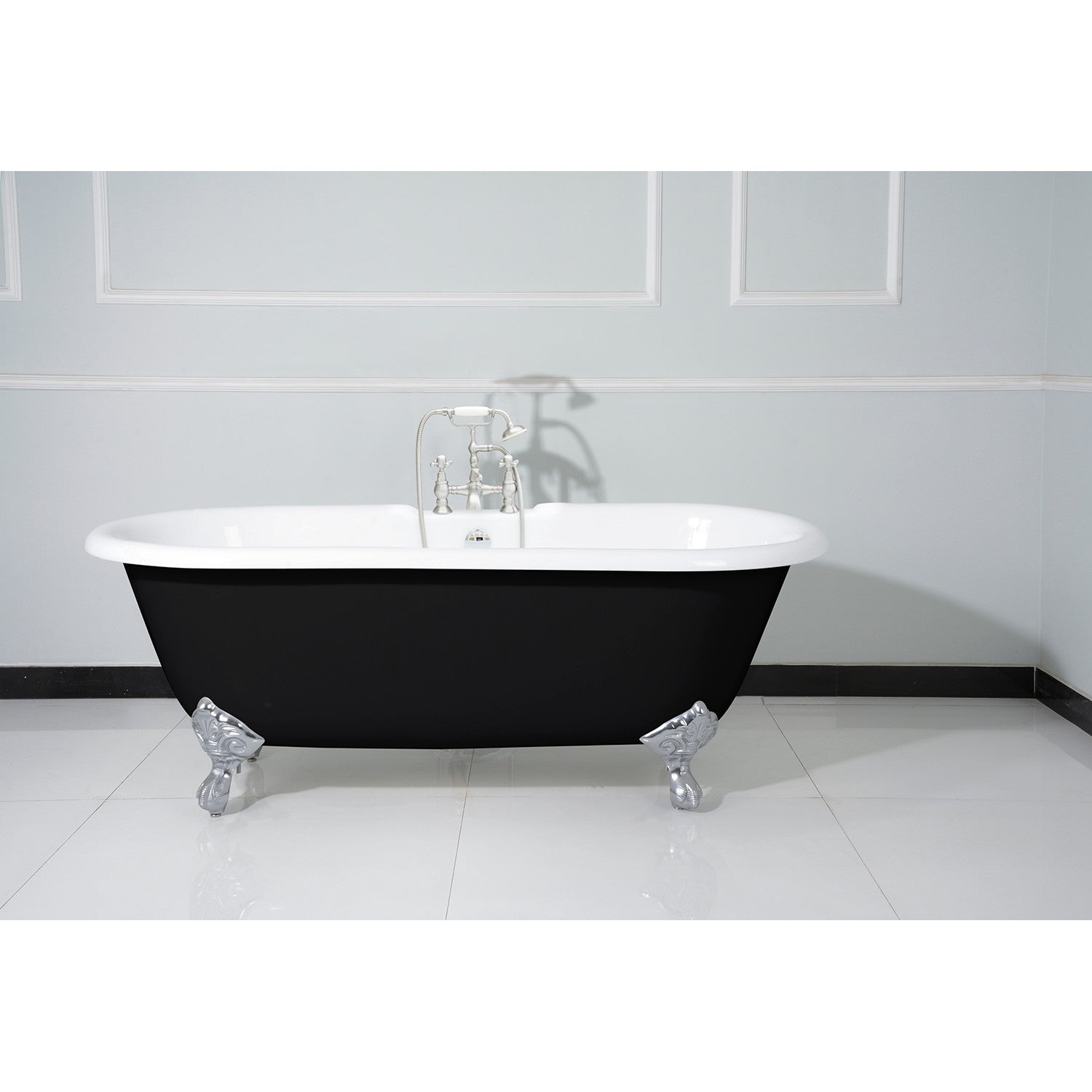 Aqua Eden 66 Inch Cast Iron Clawfoot Bathtub - Double Ended Oval Tub with 7 Inch Faucet Drillings in Black/White/Polished Chrome | Vintage Style Freestanding Soaking Tub for Bathroom Remodel & Luxury Spa Experience