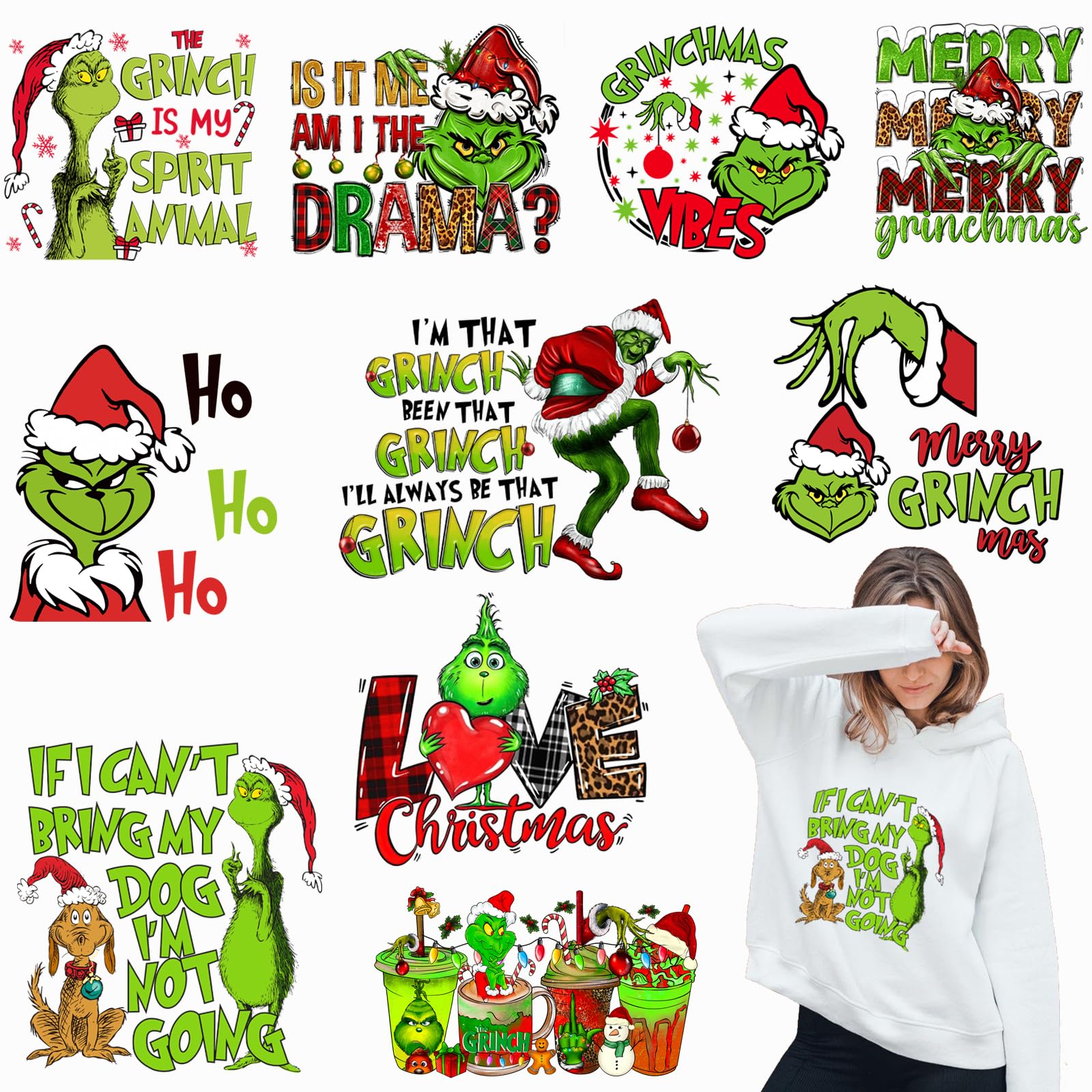 10 Sheets Grinch Christmas Iron-On Transfers for T-Shirts & DIY Decorations - Heat Transfer Vinyl for Clothes, Bags & Pillow Covers - Perfect for Holiday Gifts, Christmas Parties & Festive Home Decor