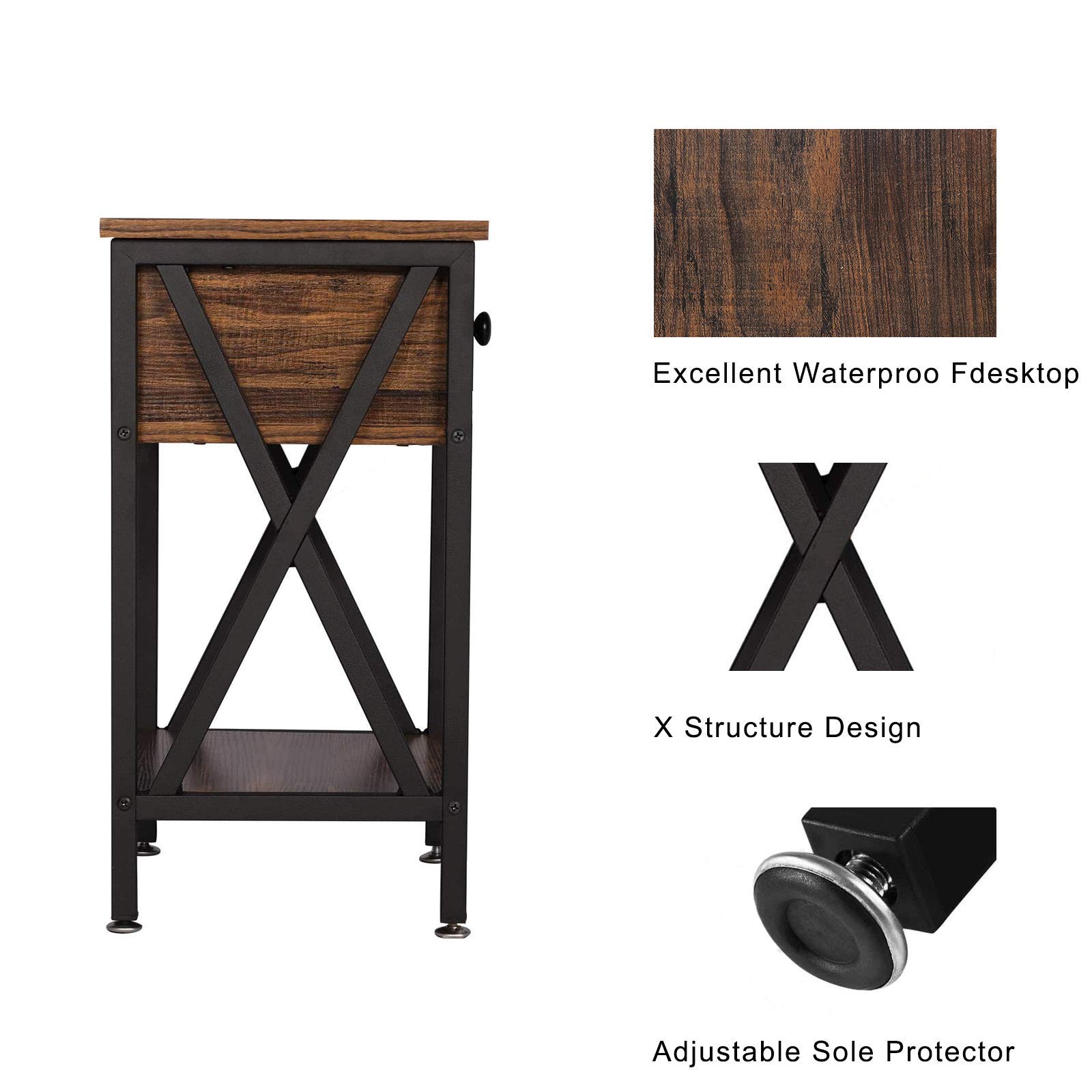QCen Industrial Side End Table Nightstand with Drawer and Shelf - Rustic Brown Wood X-Design Bedside Storage - Easy Assembly Set of 2 for Bedroom, Living Room, Office & Dorm Decor