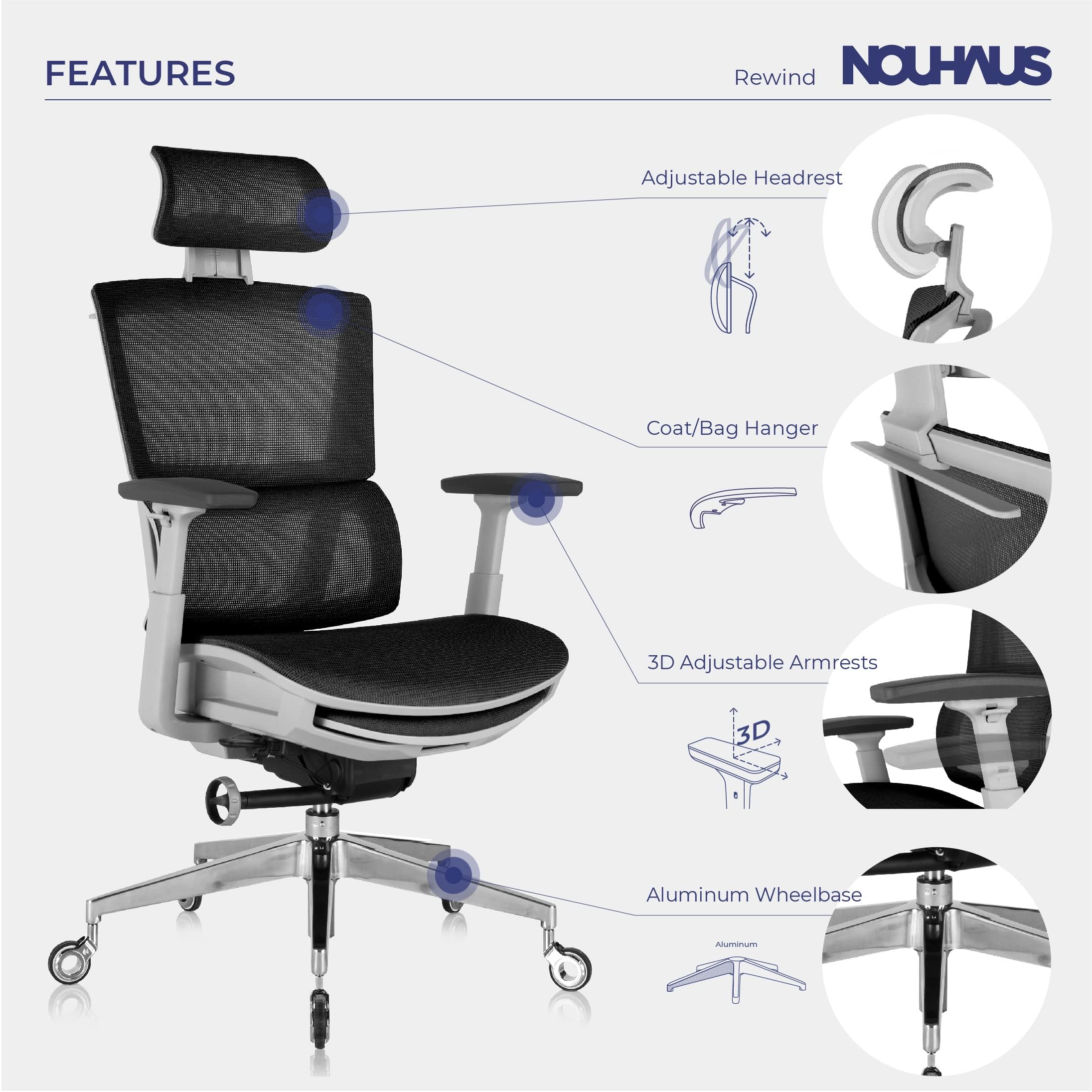 Nouhaus Rewind Ergonomic Office Chair with Adjustable Footrest & Lumbar Support - Swivel Mesh Computer Desk Chair with Wheels for Home Office - High Back Task Chair for Long Hours Work (Black) - Perfect for Remote Work, Gaming & Study Sessions