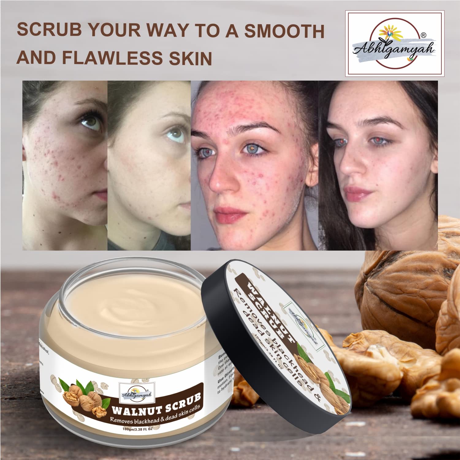 ABHIGAMYAH Walnut Face Scrub for Blackhead Removal & Exfoliation - 100g (Pack of 1) - Deep Cleansing for Smooth Skin, Perfect for Daily Skincare Routine