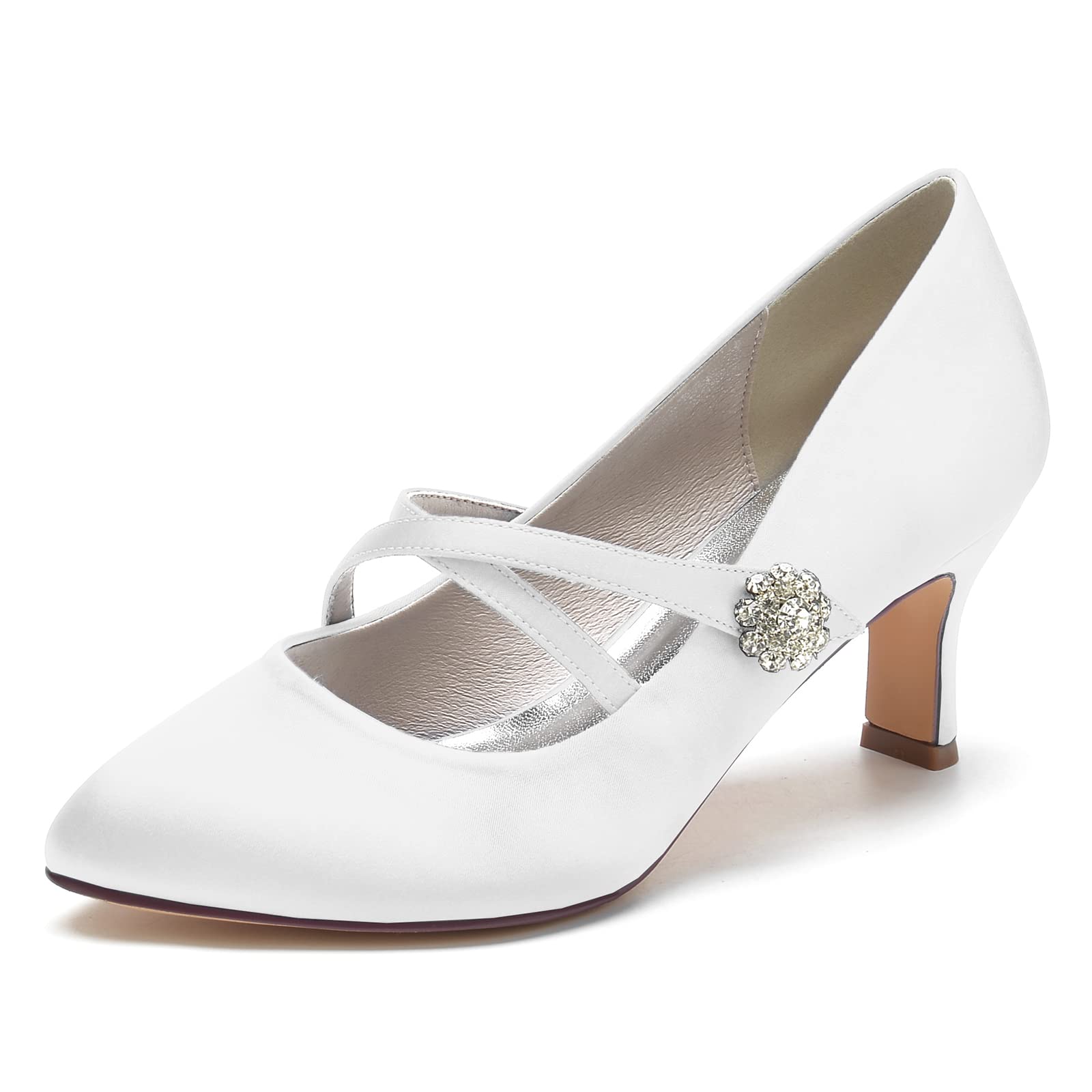 2.56 Inch Strap Party Court Shoes for Women - Elegant Bridal Prom Wedding Shoes, Closed Toe Satin Mary Jane Heels in White (Size 6) - Perfect for Bride, Bridesmaids, and Formal Occasions