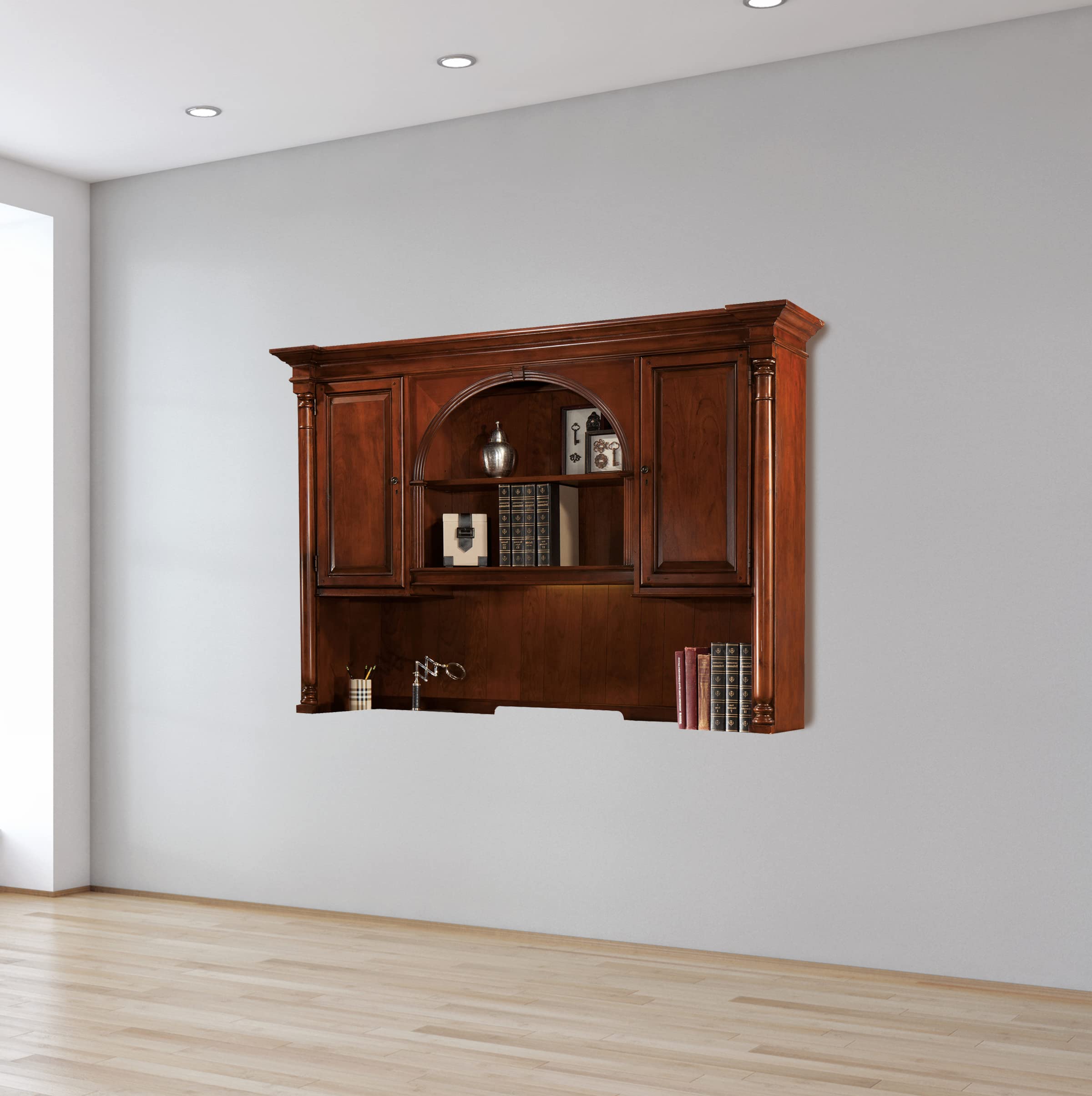 Hekman Weathered Cherry Executive Desk Hutch with Illuminated Bookcase - Solid Wood & Cherry Veneer Office Furniture for Mid Century Modern Home Office Decor | Perfect for Professional Workspaces & Home Libraries