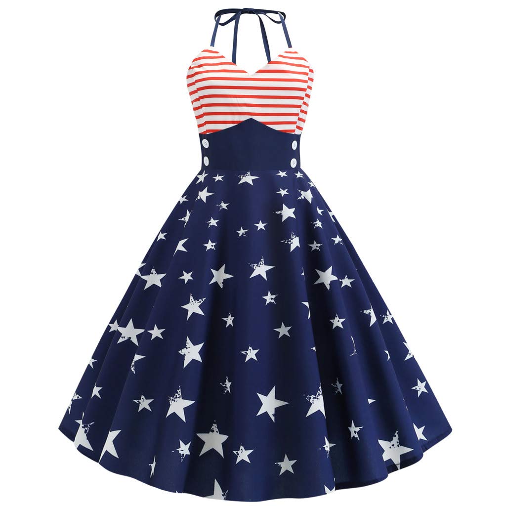 Vintage Sleeveless Halter Dress - Flag Print Party Swing Dress for Evening & Prom