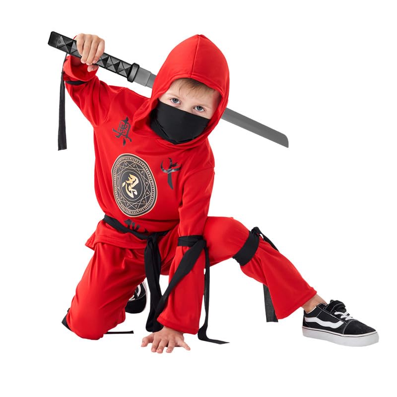 Udekit Red Ninja Costume Set for Kids - Hooded Outfit with Trousers, Ribbons & Toy Sword - Perfect for Halloween, Cosplay Parties & Role Play Adventures