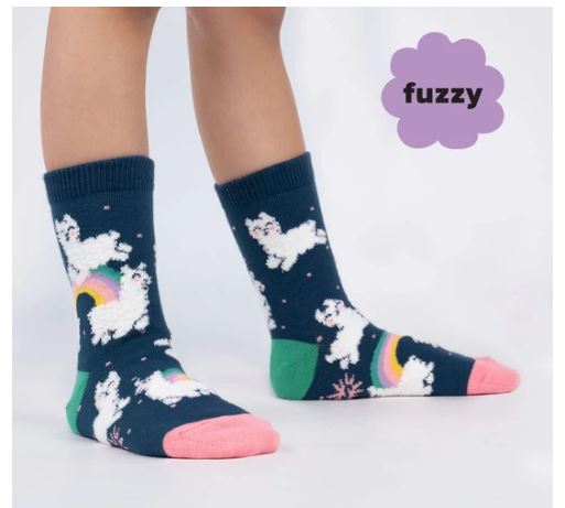Fun Colorful Llama Over The Rainbow Youth Crew Socks - Cute & Comfortable for Kids & Teens - Perfect for School, Gifts & Everyday Wear