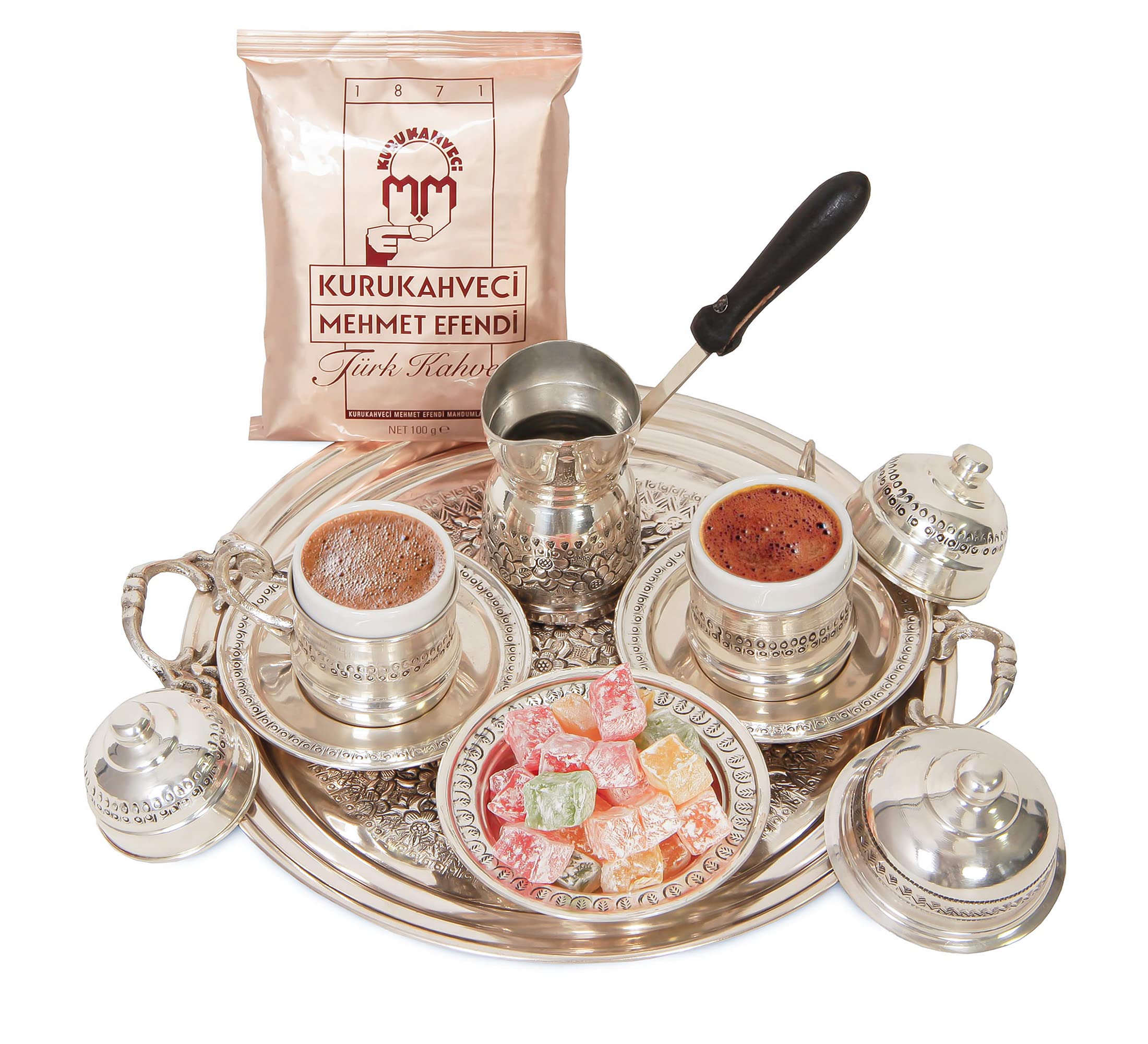 Premium Copper Coffee Espresso Set - 2-Piece Barista Kit with Elegant Coffee Pot | Traditional Handcrafted Design (Silver on Copper) for Home Brewing, Gifts & Coffee Shops