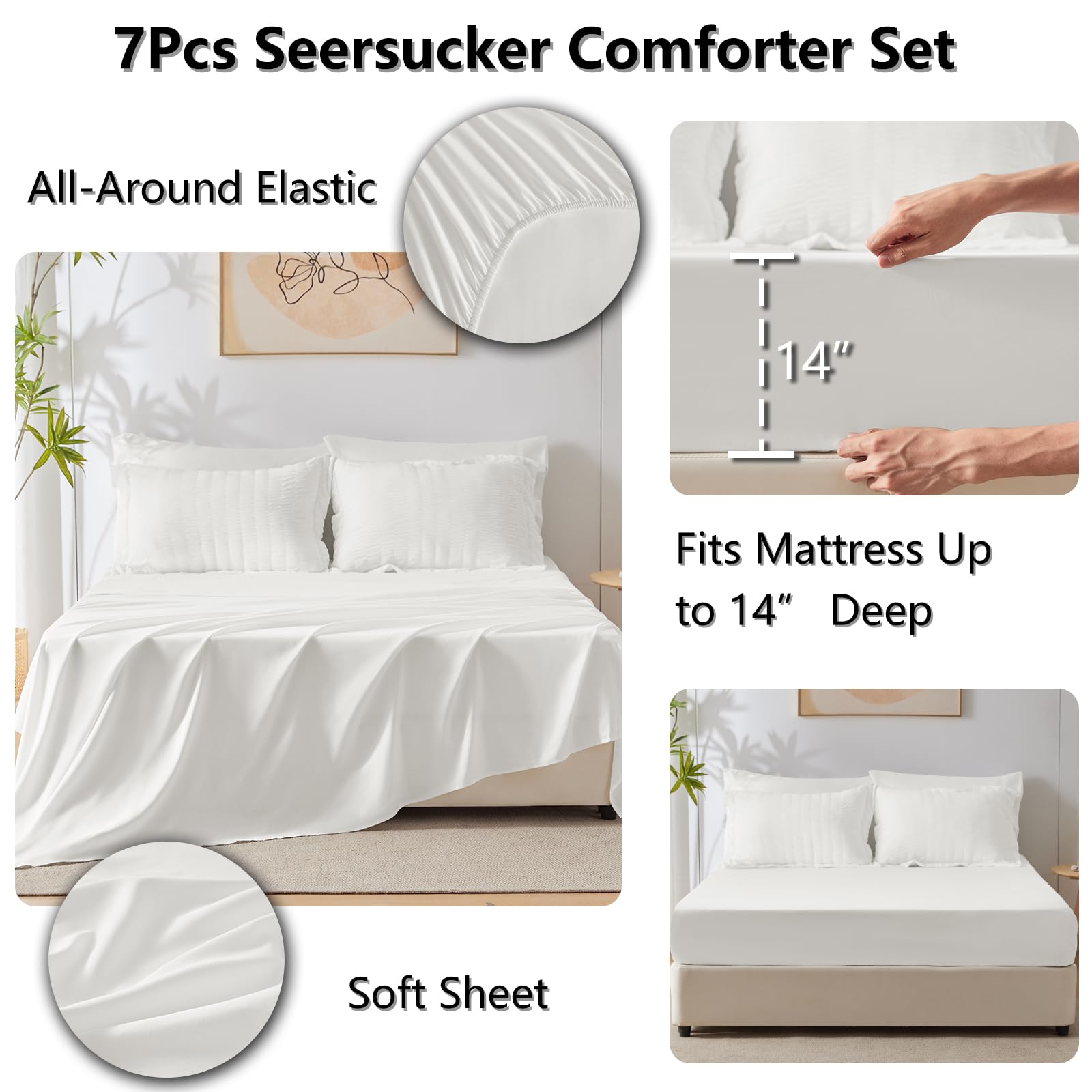 Luxury King Size Comforter Set - 7 Piece White Seersucker Bedding Set with Down Alternative Comforter, Sheets, Pillowcases & Shams | All-Season Soft Bed in a Bag | Perfect for Master Bedroom, Guest Room & Vacation Homes