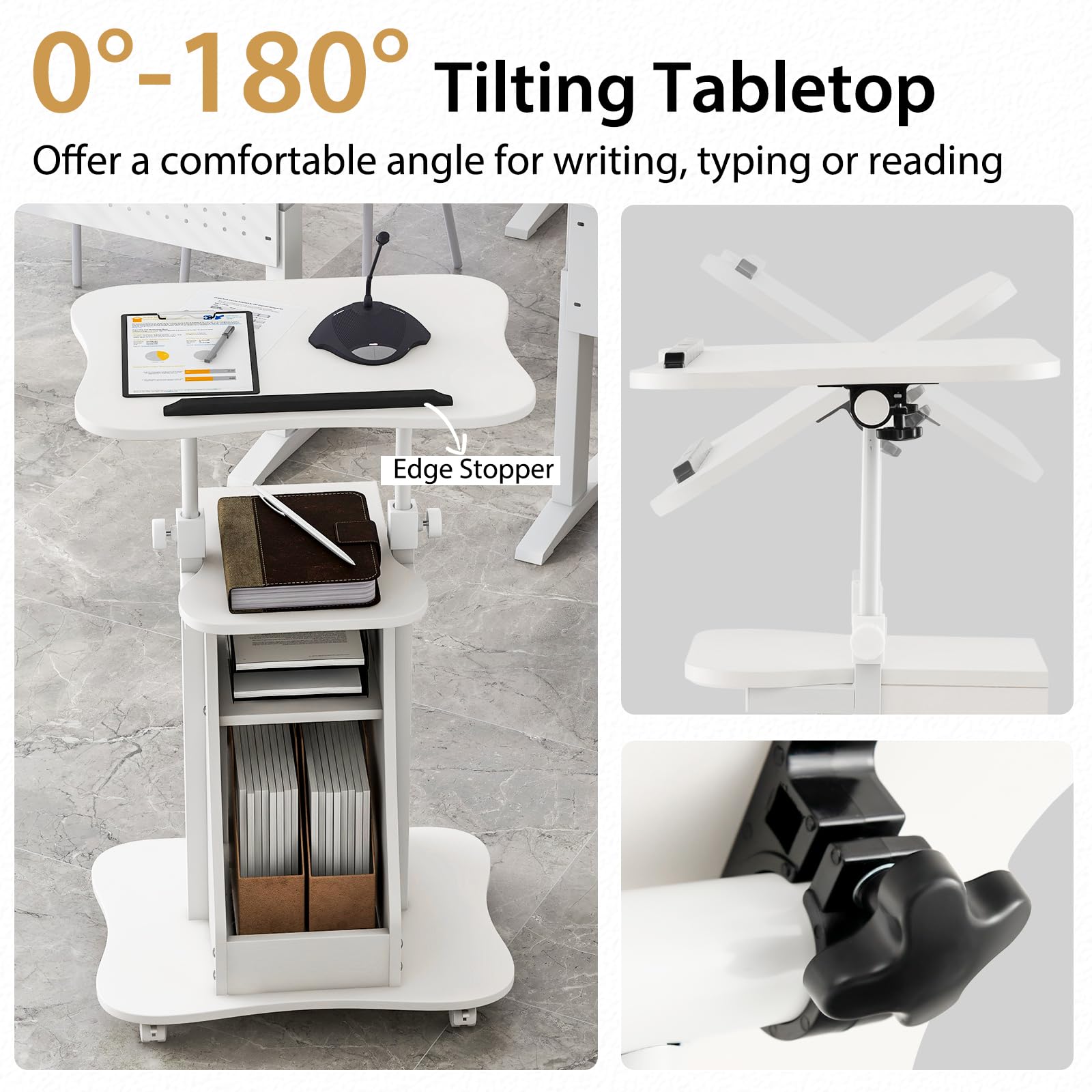 Giantex Adjustable Mobile Podium Stand - Rolling Laptop Cart with Tilting Tabletop & Storage | Lockable Wheels for Classroom, Church, Home Office (White) | Perfect for Presentations, Teaching & Remote Work