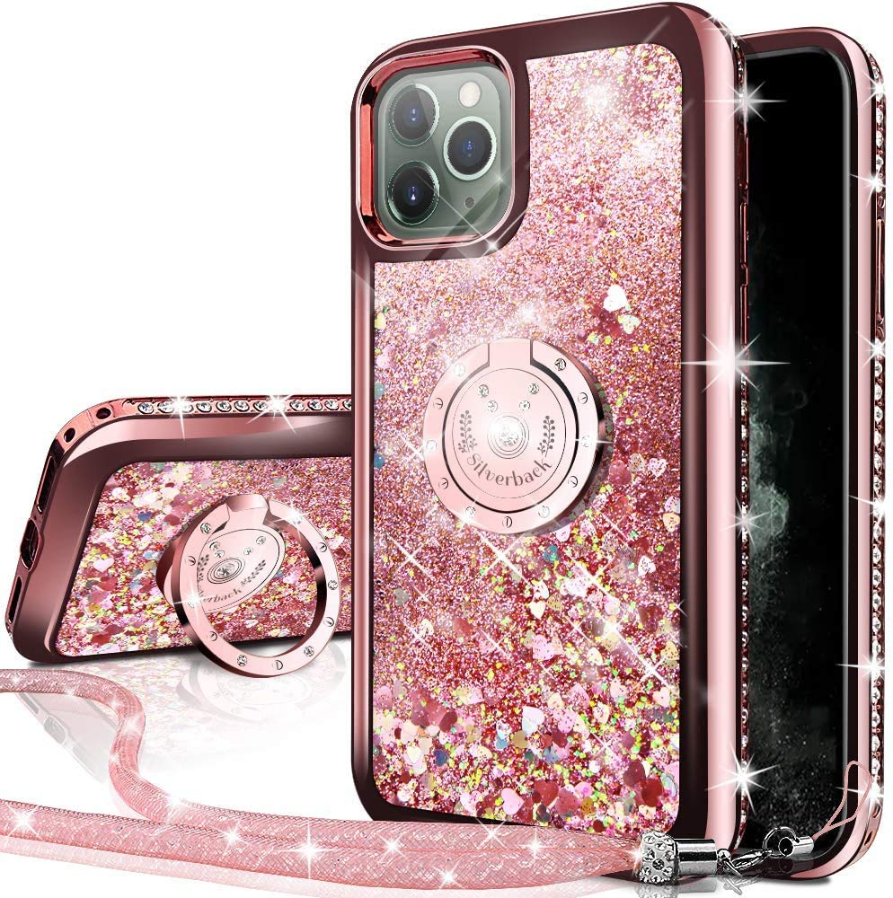 Holographic Sparkle Glitter iPhone 11 Pro Max Case with Kickstand & Diamond Ring Stand - Rose Gold Protective Cover for Women | Perfect for Everyday Use, Work & Travel