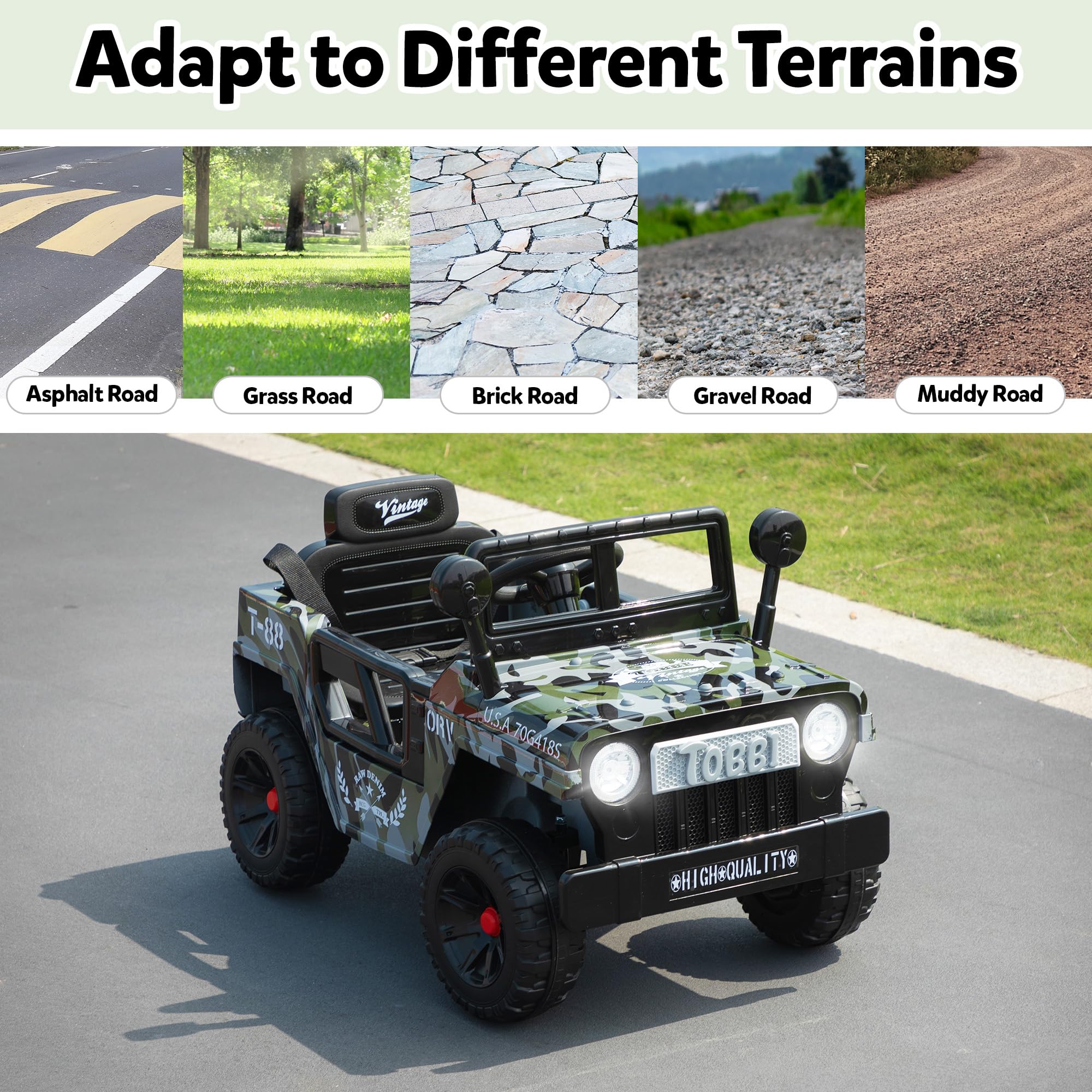 TOBBI 12V Kids Ride On Truck - Electric Battery Powered Toy Car for Toddlers with Off-Road Wheels, Suspension, Horn & LED Lights - Best Gift for Boys & Girls Ages 3-6 (Camouflage Design) - Perfect for Outdoor Play, Birthday Presents & Christmas Gifts