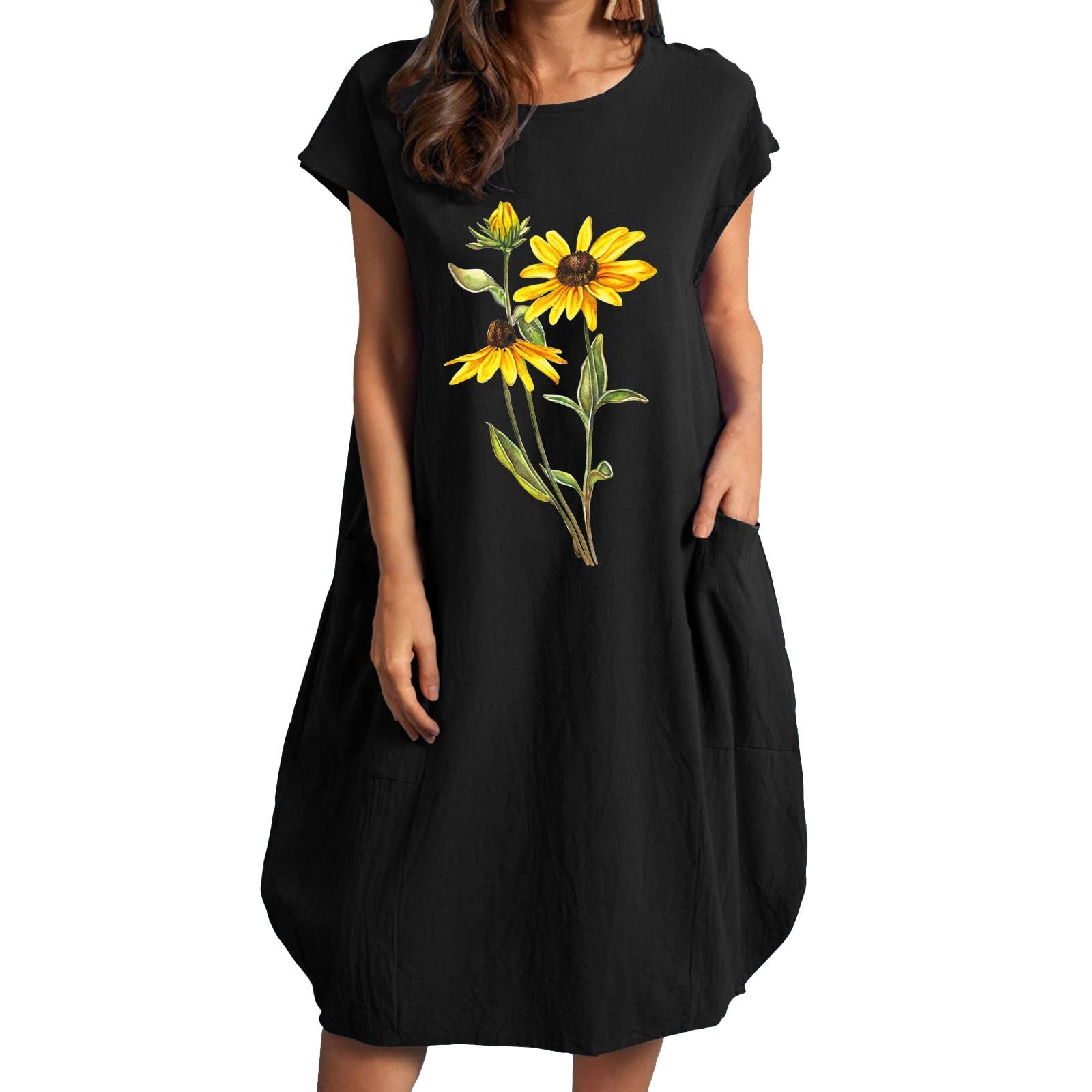 Women's Sunflower Printed Loose Short Sleeve Summer Dress - Round Neck Business Casual Flowy Dress for Work & Vacation | Perfect for Office, Beach & Outdoor Events