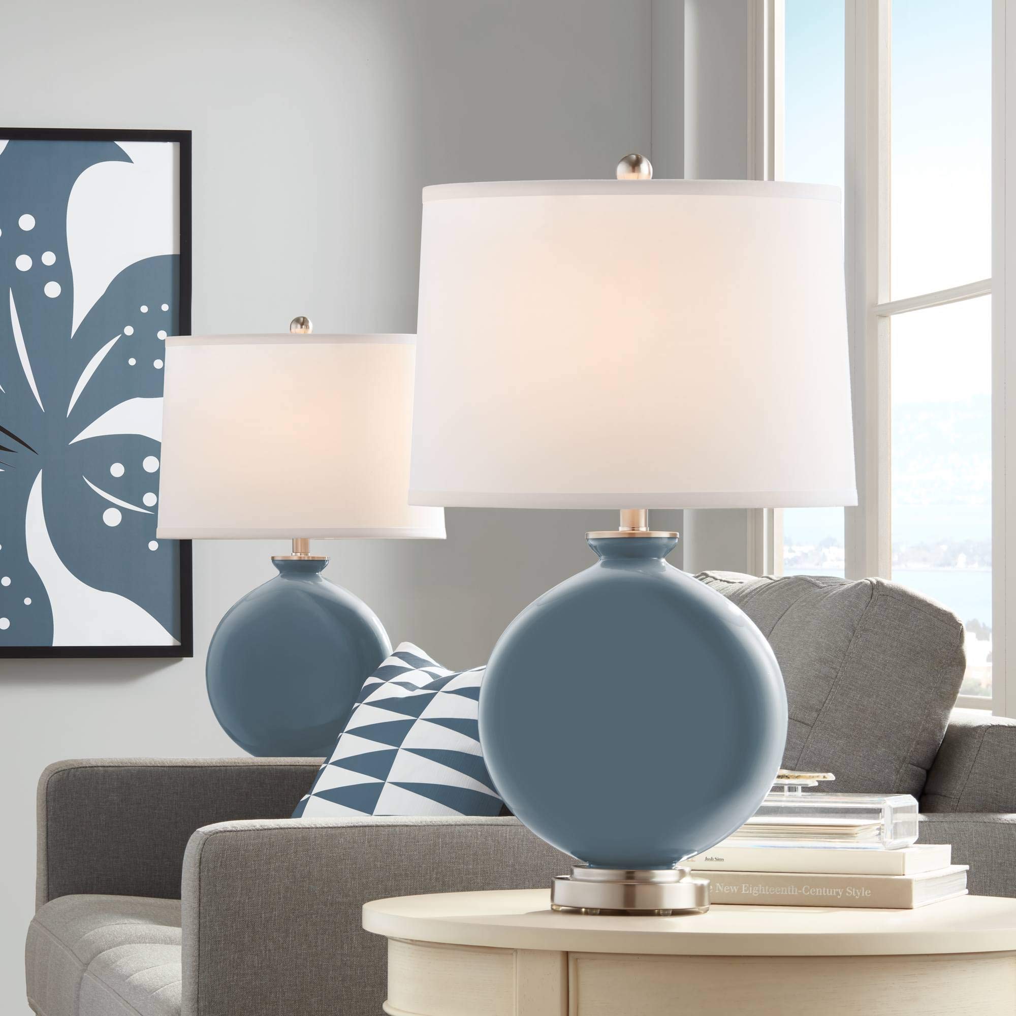 Smoky Blue Carrie Table Lamp Set of 2 - Modern Glass Bedside Lamps with Fabric Shades for Living Room, Bedroom & Office Decor