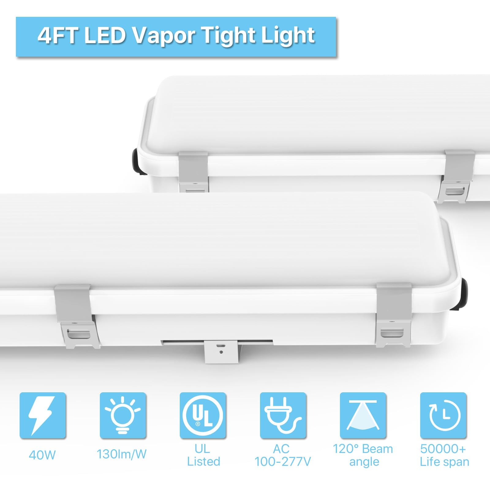 HYPERLITE 4FT LED Vapor Tight Light Fixture - 40W 5200LM, IP65 Waterproof, 5000K Daylight, 100-277V - Perfect for Car Wash Bays, Barns, Horse Stables, Workshops, Cold Storage & Garages (4-Pack) - Energy Efficient Lighting Solution for Industrial & Commercial Spaces