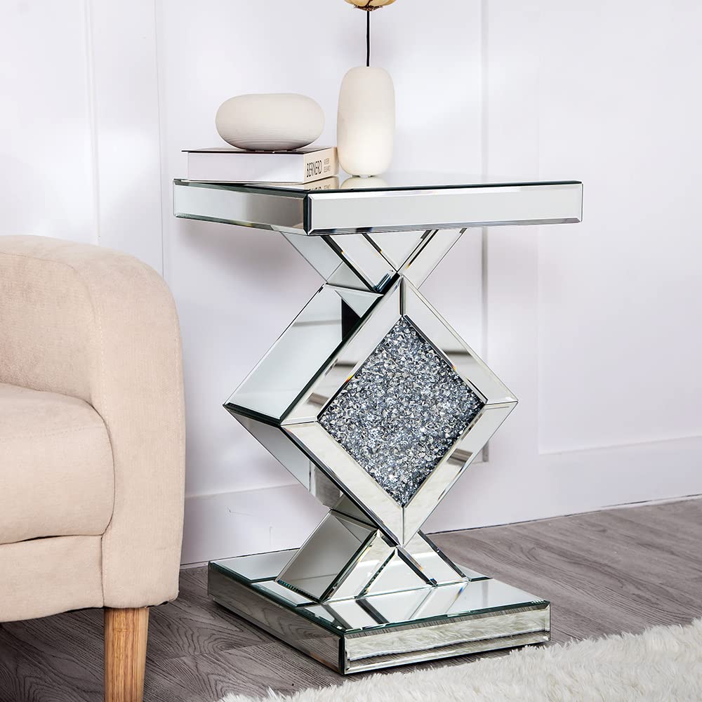 SHYFOY Modern Square Mirrored End Table with Crushed Crystal Inlay - 24 Inch Silver Accent Side Table, HD Mirror Glass Pedestal Table for Living Room, Bedroom & Balcony | Perfect for Home Decor, Coffee Table Display & Luxury Interior Styling