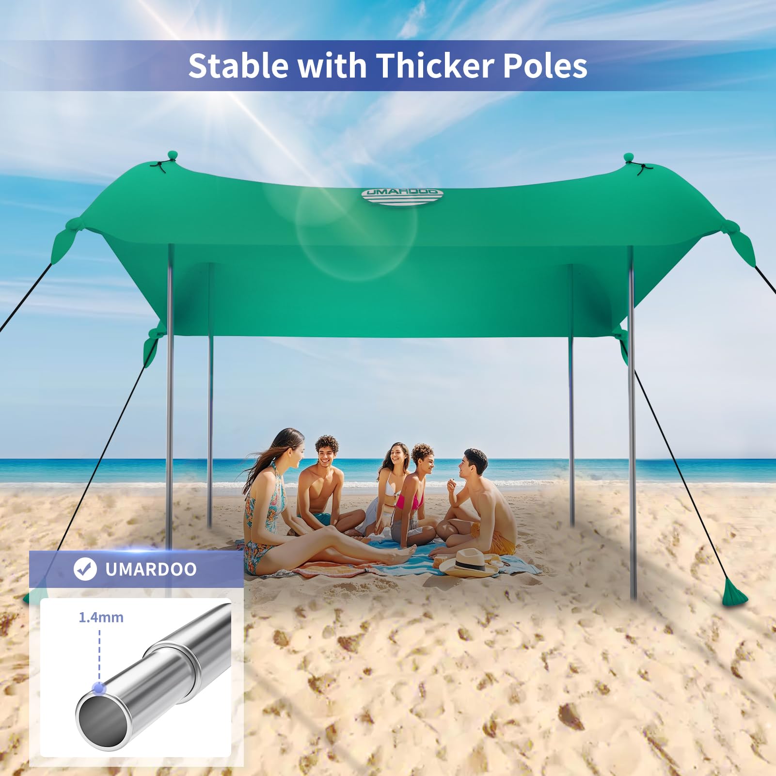 UMARDOO 10x10 FT Portable Beach Tent - Easy Setup Sun Shelter with Carry Bag, Compact & Lightweight for Family Outdoor Travel, Picnics, Camping & Beach Days (Green, 4 Poles)