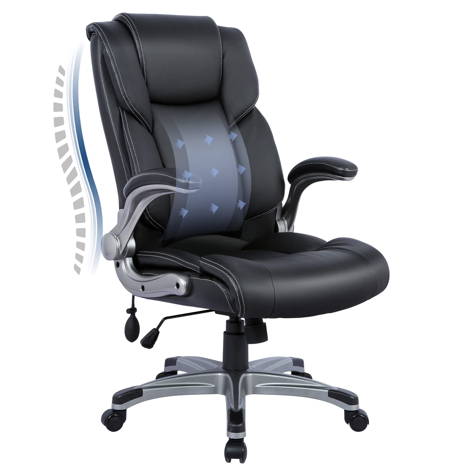 Premium High Back Executive Office Chair - Ergonomic Leather Desk Chair with Flip-Up Arms, Adjustable Tilt Lock & Smooth Rolling Wheels - Perfect for Home Office, Computer Work & Study - Black