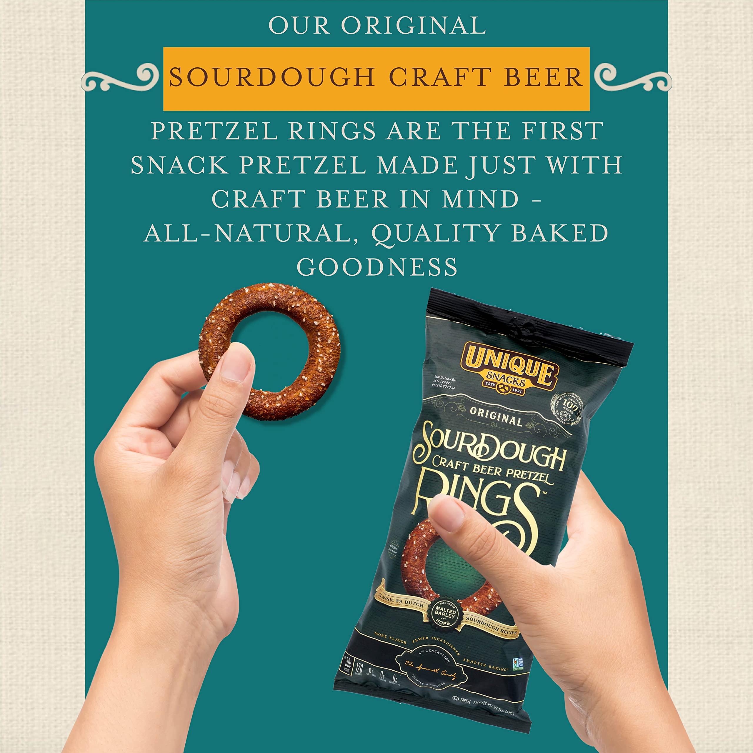 Craft Beer Sourdough Pretzel Rings - Vegan, Non-GMO, OU Kosher Certified Snacks | Homestyle Baked Pretzels with No Artificial Flavors | 11oz Bag (Pack of 12) | Perfect for Parties, Game Nights & Office Snacking